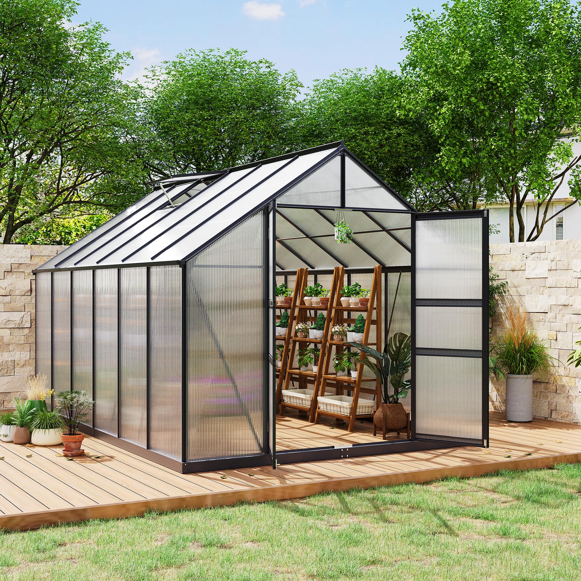 Garvee 8x12 FT Hinged Door - Heavy Duty Polycarbonate Walk In Greenhouse for Outdoors with Aluminum Frame UV Protection Adjustable Roof Vent Lockable Hinged Door Quick Install Structure with 2 Ventilation Windows 60x50cm