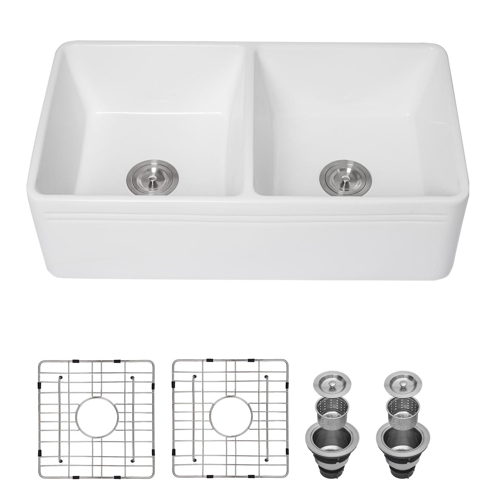 Lordear LD-SAW3318R2 50/50 Bowl Farmhouse apron front 33-Inches x 18-Inches Fireclay Double equal bowl Kitchen Sink