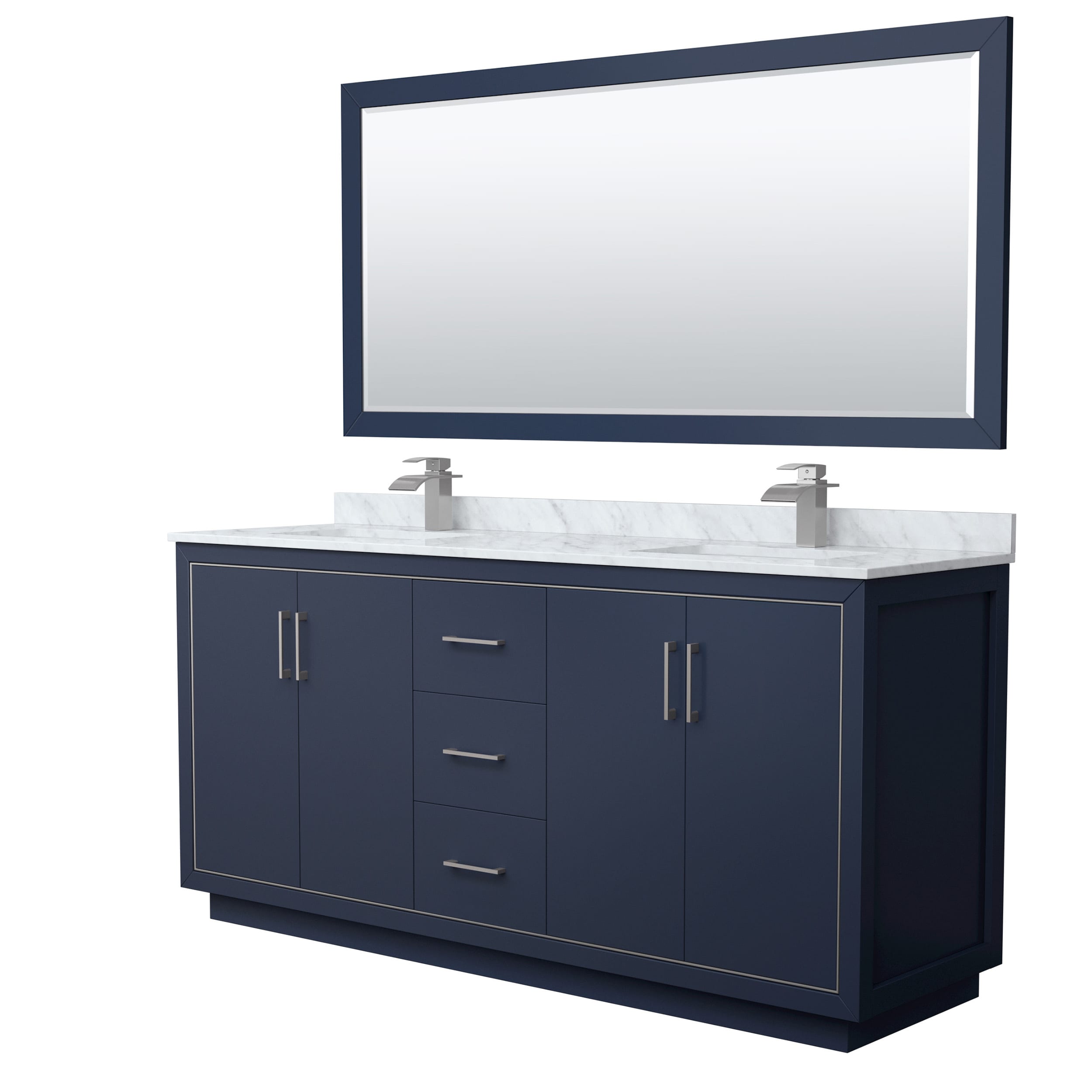 Wyndham Collection WCF111172DBNCMUNSM70 Icon 72-in Dark Blue with Brushed Nickel Trim Undermount Double sink Bathroom Vanity with White Carrara marble Natural marble Top (Mirror Included)