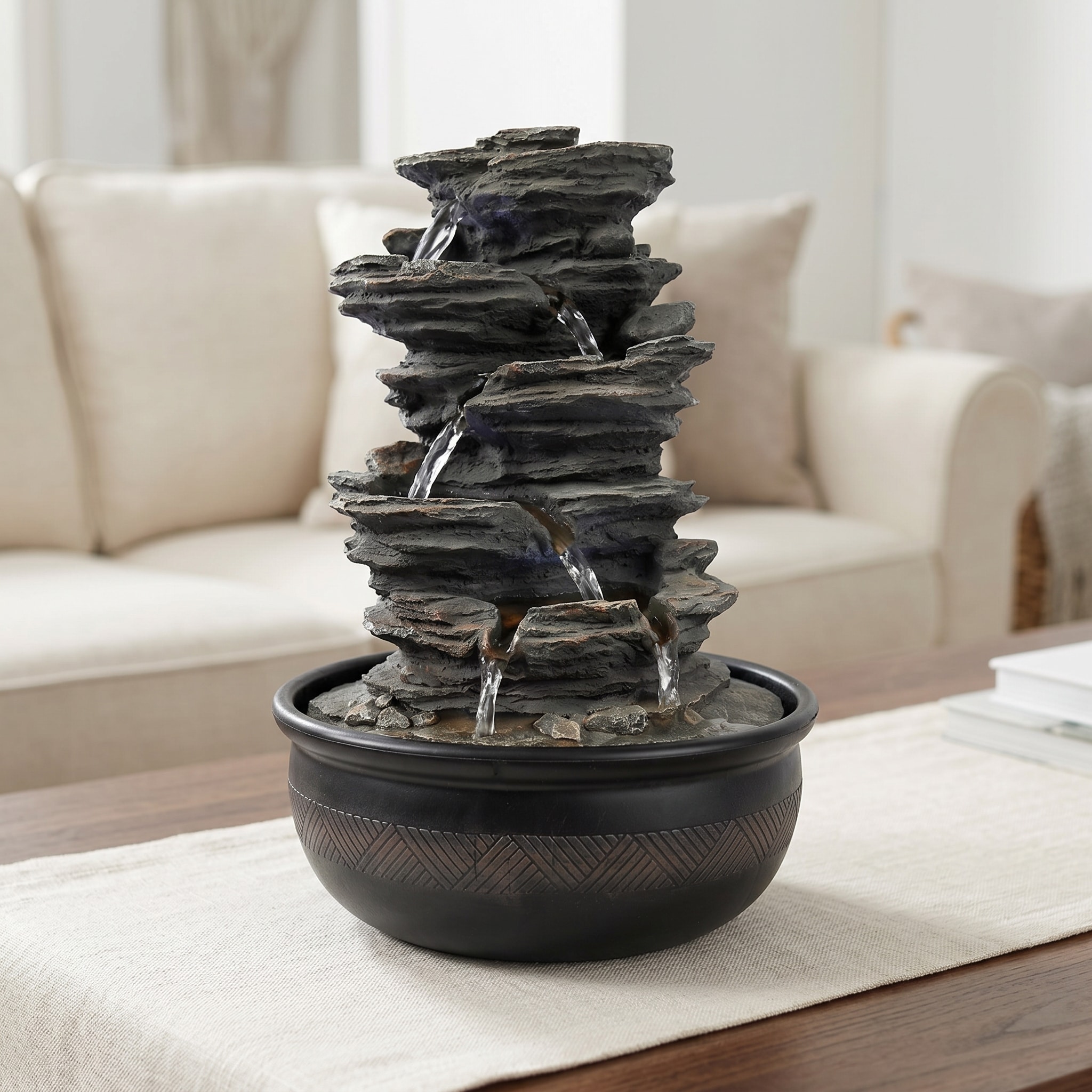 Watnature  15.7 Inch High Rock Falls Tabletop Water Fountain with LED Lights Indoor Waterfall Feature for Home Office Decor