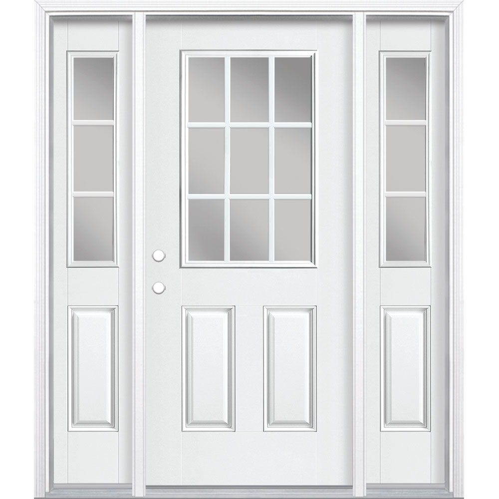 Masonite 1218778 60-in x 80-in x 4-9/16-in Fiberglass Half lite Right-hand inswing Arctic White Painted Prehung Front Door with Sidelights with Brickmould Insulating core with Grilles