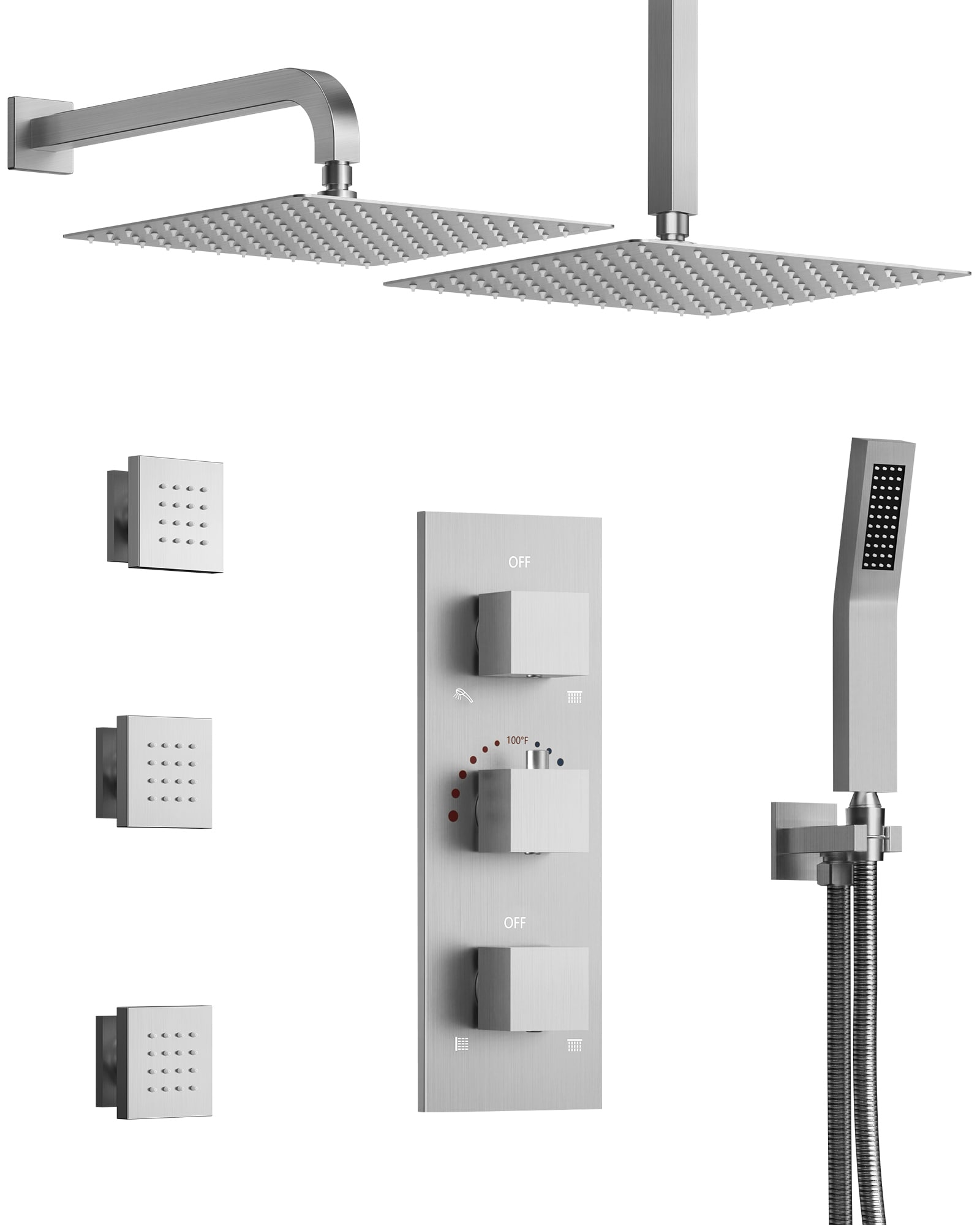 GRANDJOY  SerenityFlow Collection Thermostatic Shower System with 12 Inch Dual Shower Heads Handheld and 3 Body Jets Brushed Nickel