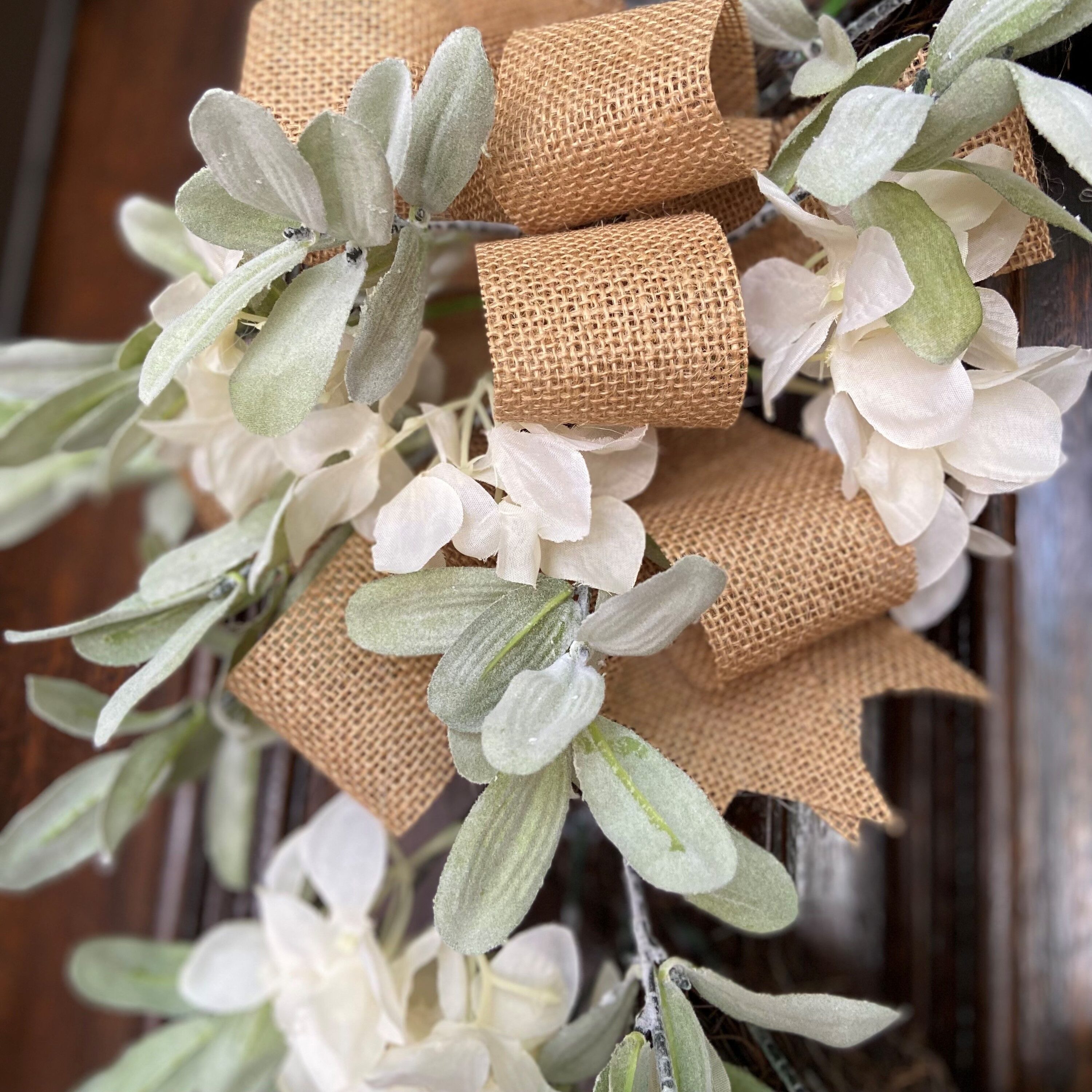 Crescent Grapevine Hydrangea Wreath with Burlap Bow - 28''