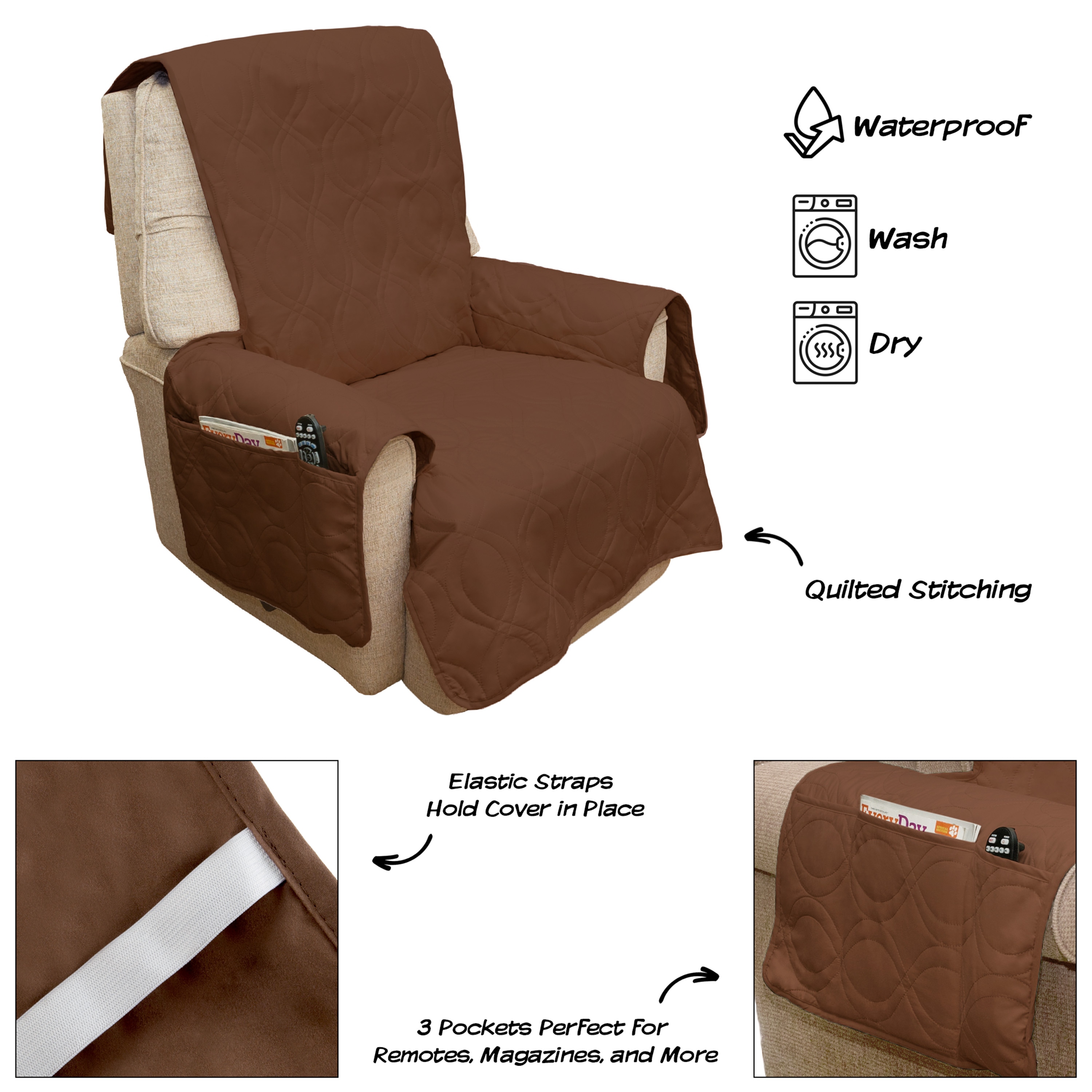 Brown Quilted Waterproof Chair Cover with Storage Pockets