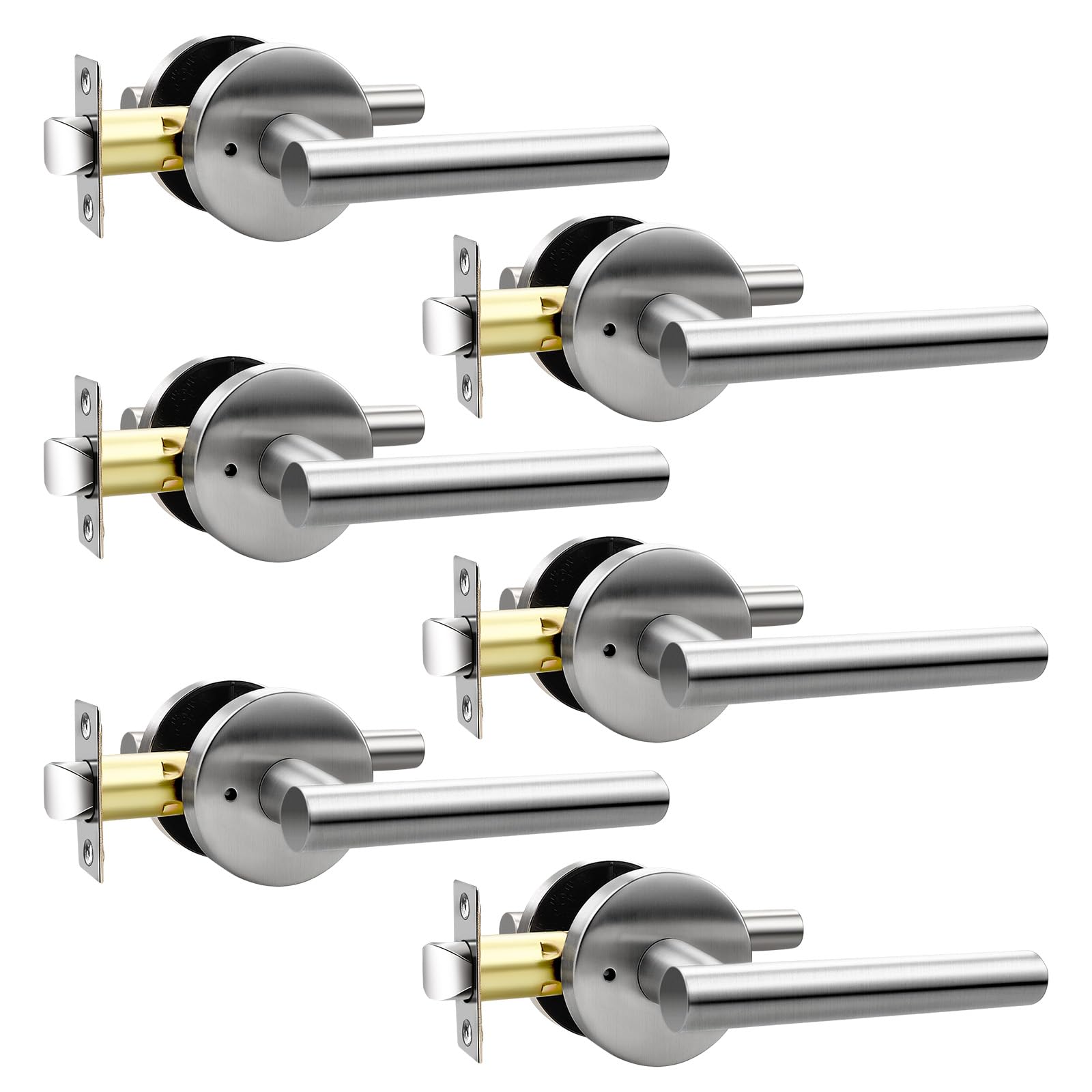 Etokfoks  Privacy Interior Door Handles Stain Nickel 304 Stainless Steel Keyless Door Levers for Bathroom Bedroom 6 Pack