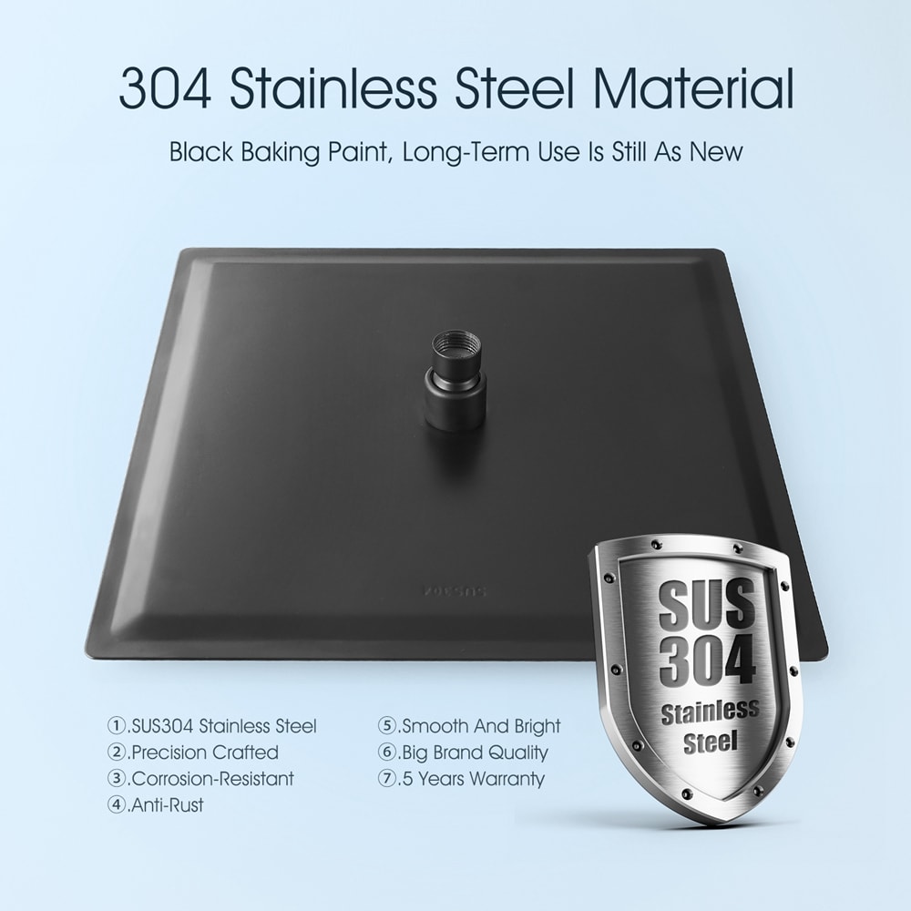 Matte Black 12-Inch Square Stainless Steel Rain Shower Head