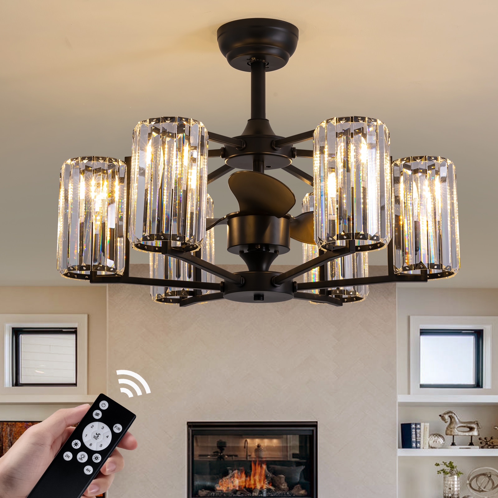 Liwidu  27inch Crystal Ceiling Fan with Light and Remote Control 6 Lights Black Vintage Crystal Caged Fandelier Luxury Large Chandelier Ceiling Fan for Dining Living Room Kitchen Bedroom