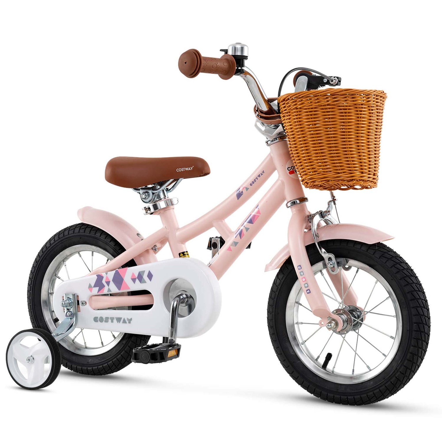 Costway  12 Inch Bicycle with Height Adjustable Handlebar and Seat Basket Bell Training Wheels Pink