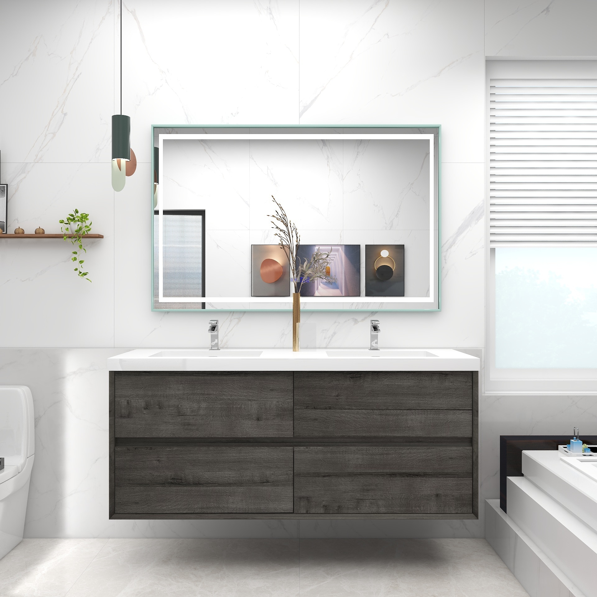 BV Better Vanity SLIM60D-SO Kingdee 60-in Smoke Oak Double Sink Floating Bathroom Vanity with White Acrylic Top