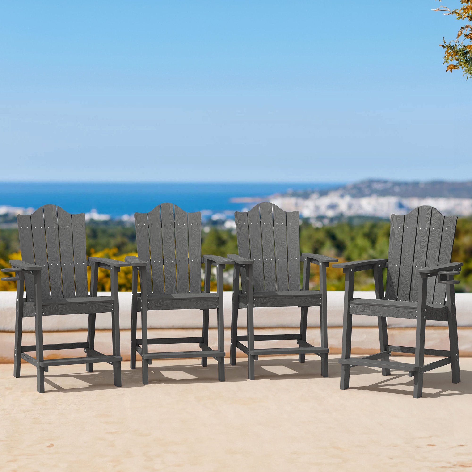 LUE BONA 4LB23PC0010-300LS Set of 4 Dark Gray HDPE Frame Spring motion Adirondack Chair with Slat Seat