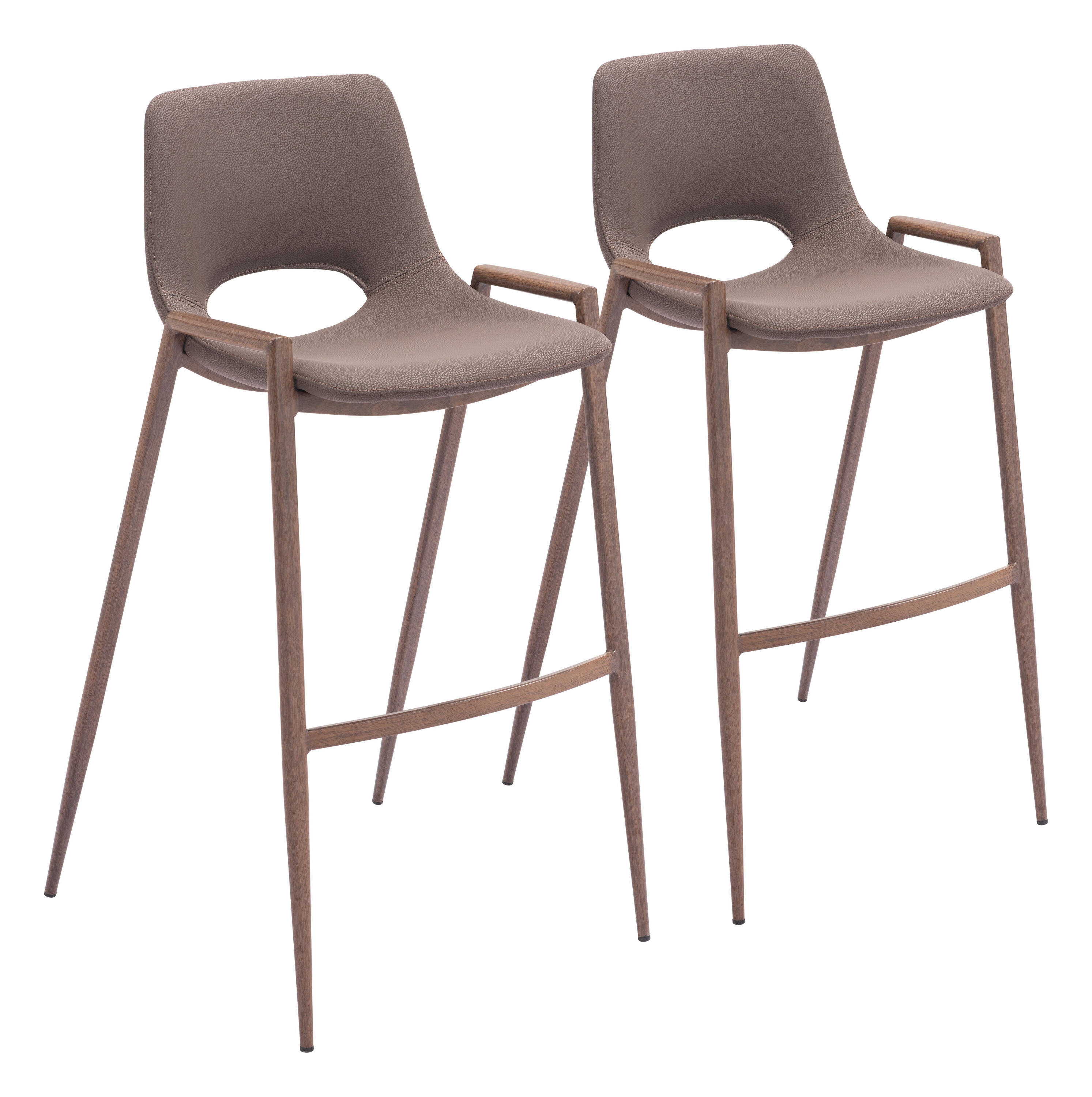 ZUO 109734 Set of 2 Brown and Walnut 29.9-in H Bar height (28-in to 33-in) Bucket Seat Upholstered Wood Back Bar Stool with Arms and Back