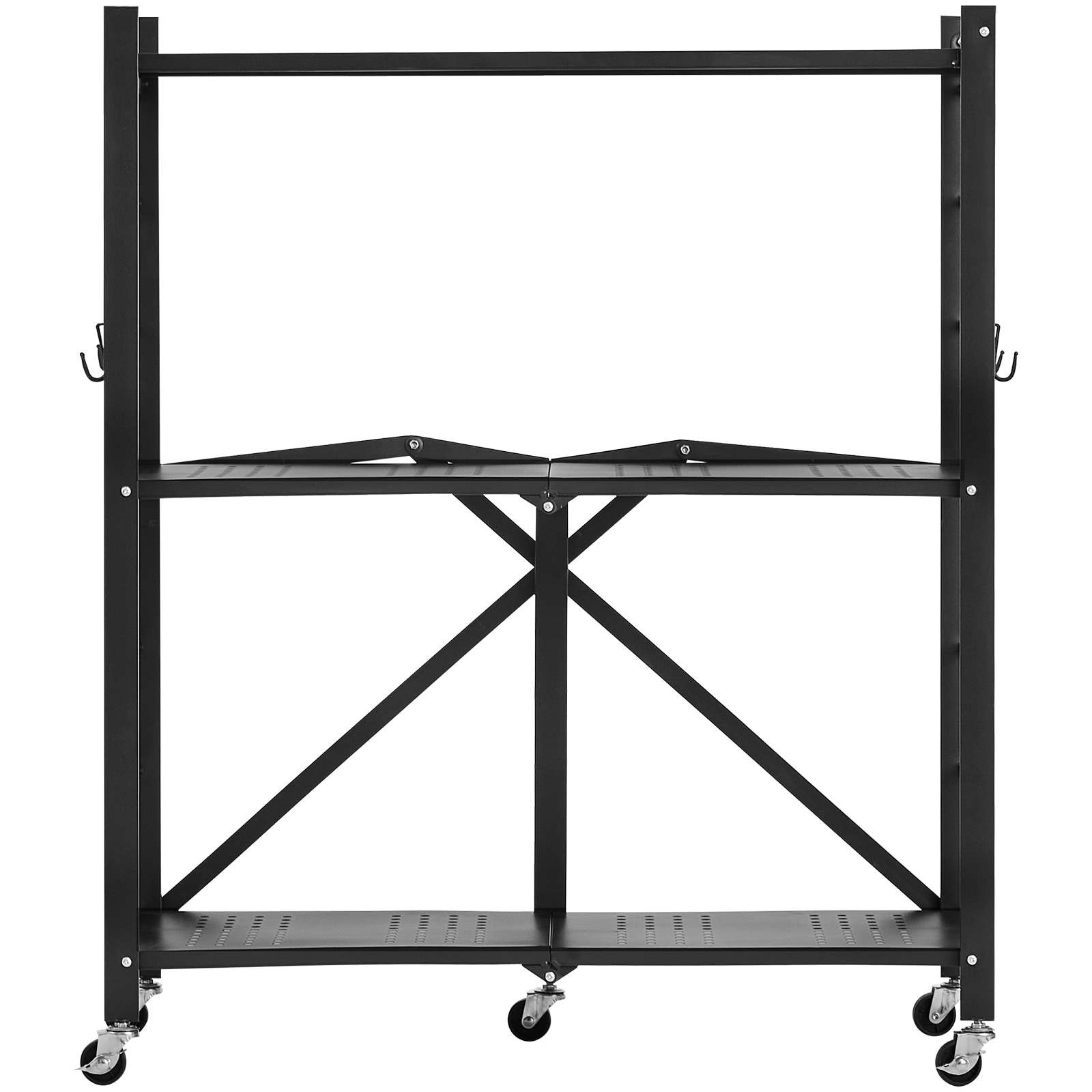 VEVOR 3-Tier Foldable Storage Shelf 30W x 13D x 36H Inch Folding Metal Rack Shelving Unit No Assembly Organizer Shelf with 5 Wheels and 4 Hooks for Pantry Kitchen Garage Basement Black