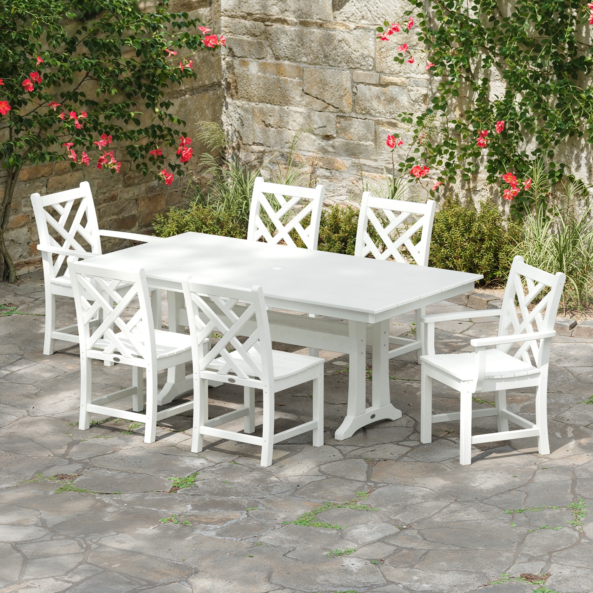 POLYWOOD Chippendale 7 -Piece White Patio Dining Set HDPE Rectangle Table with 6 Stationary Chairs