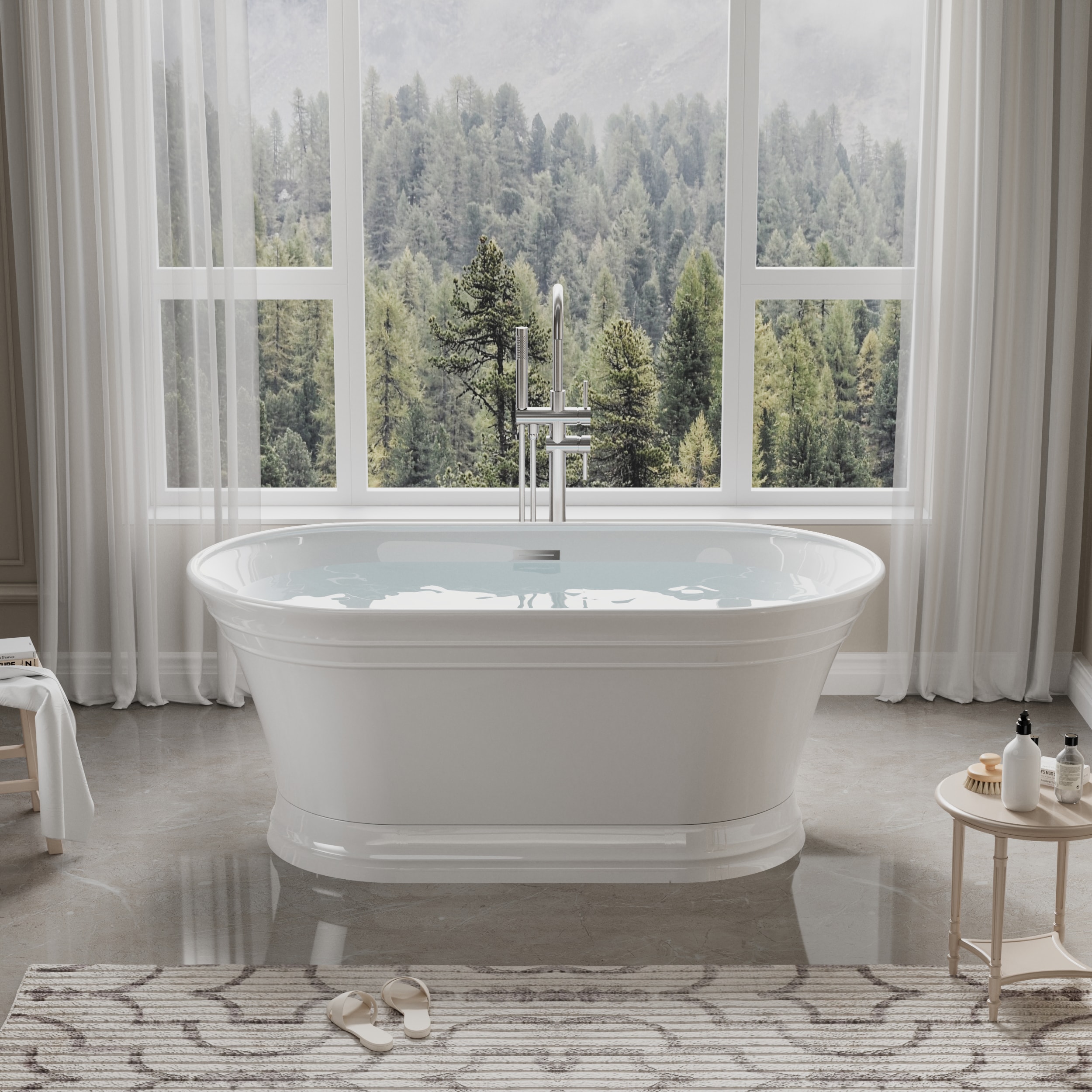 WELLFOR CB-FBT572YE Acrylic Freestanding Bathtub 67-in x 30.5-in White Acrylic Oval Freestanding Soaking bathtub with Drain ( Center Drain )