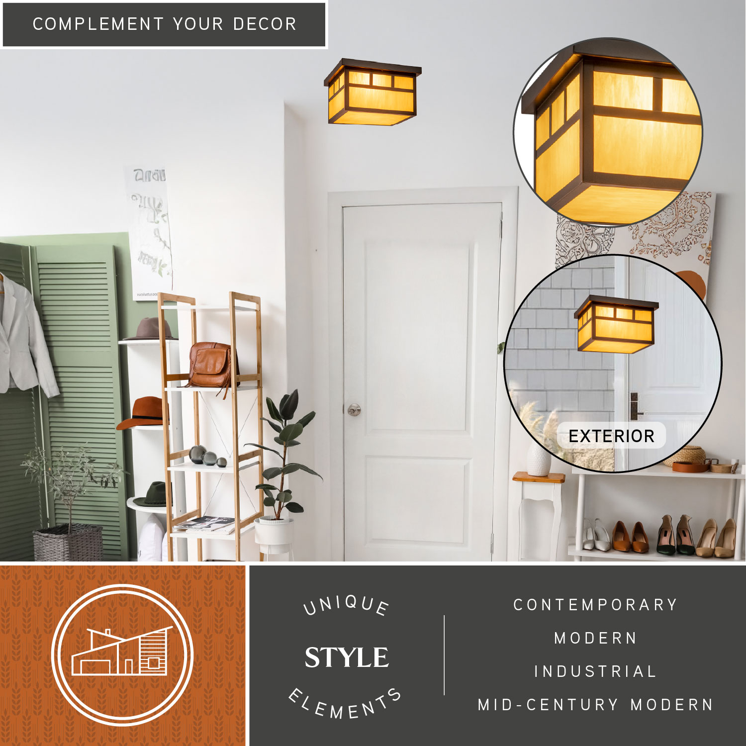 Mission Bronze Square Outdoor Ceiling Light with Honey Glass