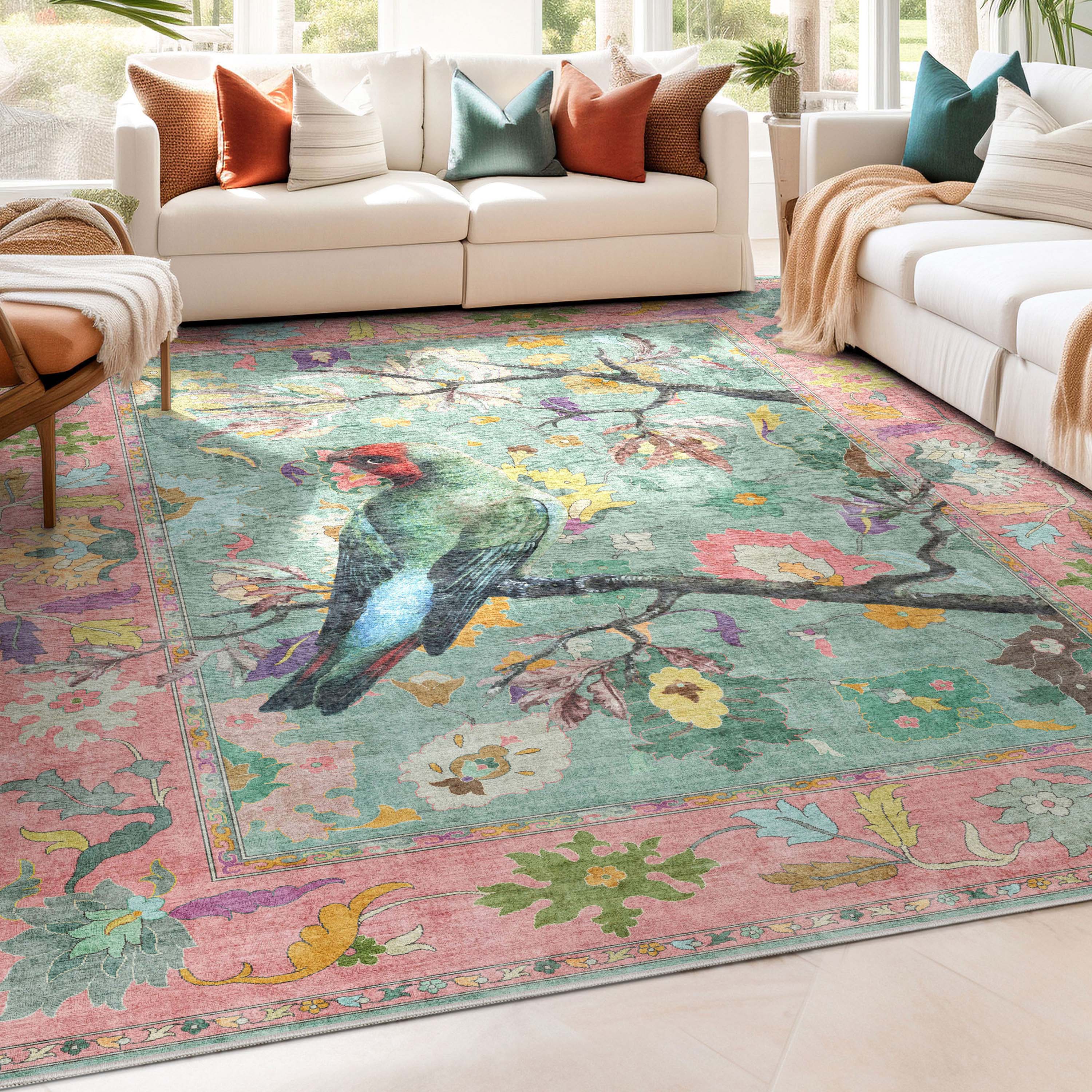 Botanical Birds Green Multi 5'3" x 7'3" Synthetic Area Rug