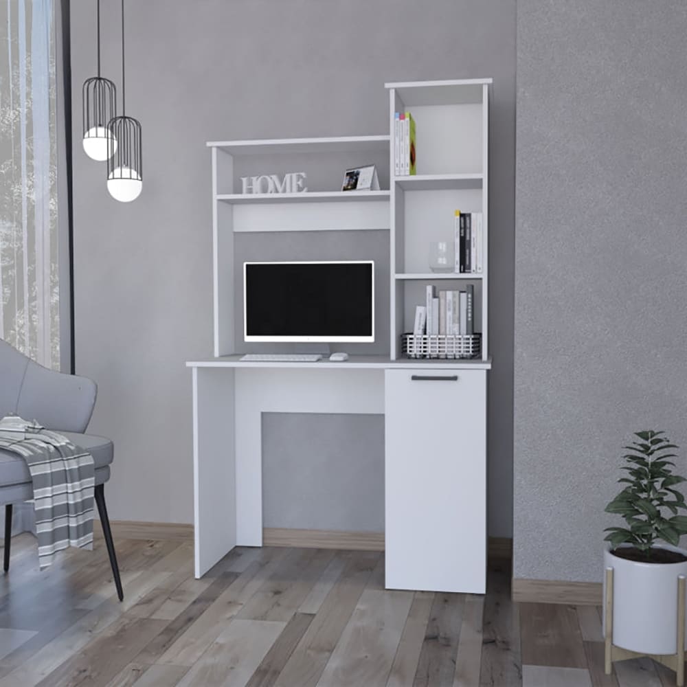 Tatayosi JL-175110 White 3-Tier Computer Desk with Hutch and Storage Cabinet