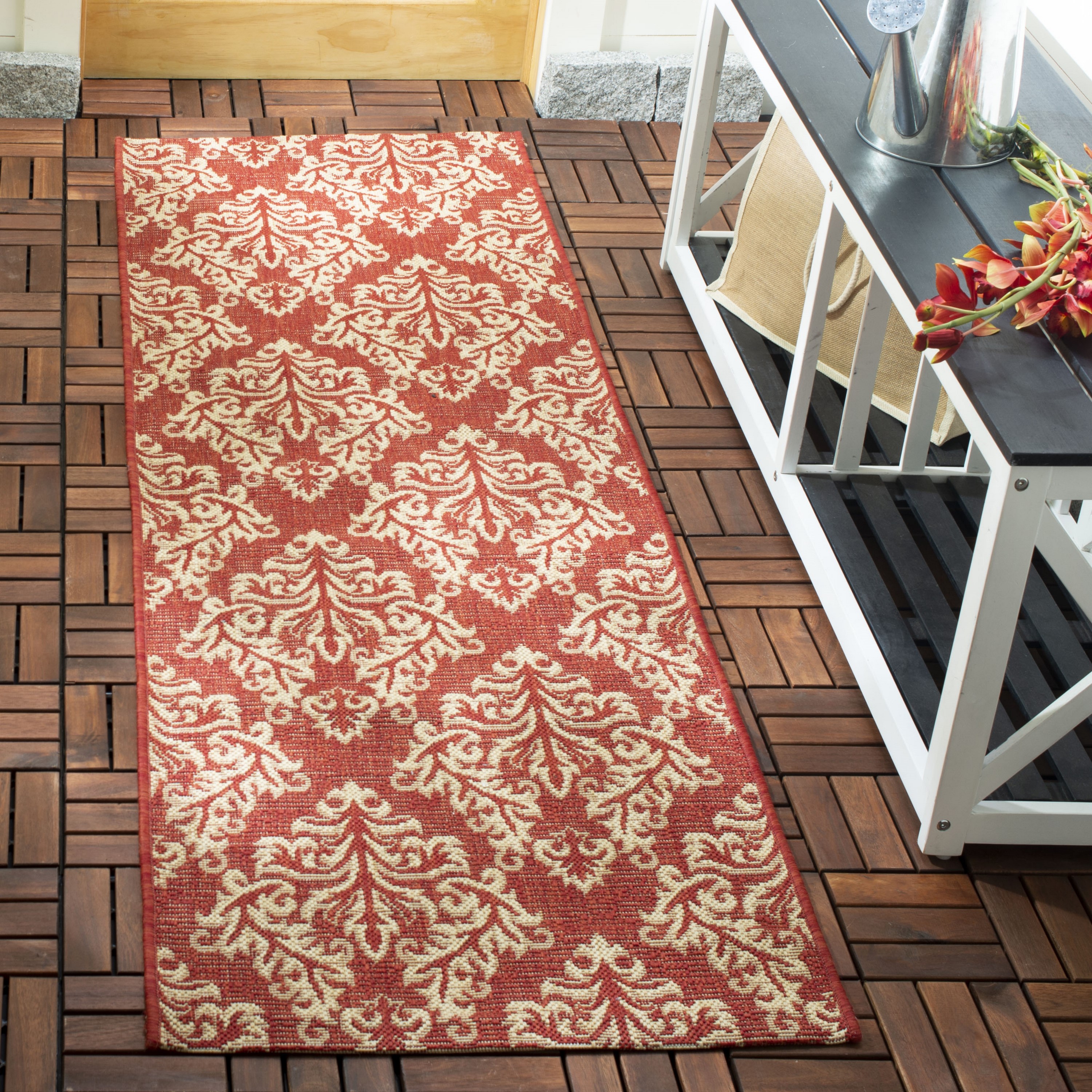 Safavieh CY6930-28-210 Courtyard Samana 2 x 10 (ft) Loomed Polypropylene Red/Creme Rectangular Indoor/Outdoor Damask Coastal Runner rug