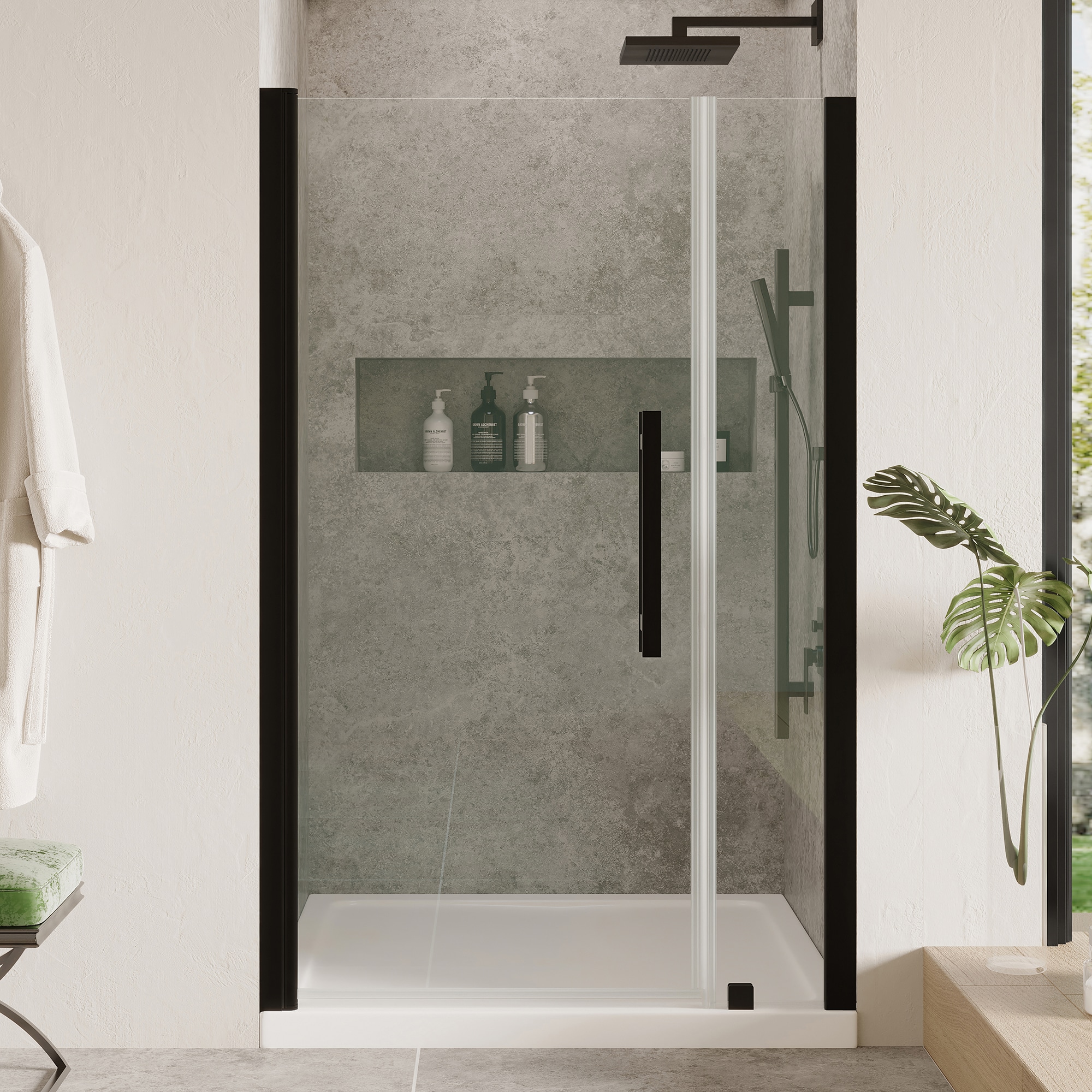 OVE Decors 828796062633 Pasadena 36-in W x 32-in L x 75-in H Rectangular Alcove shower kit ( Center Drain) Base and Door Included Satin black Hardware Included