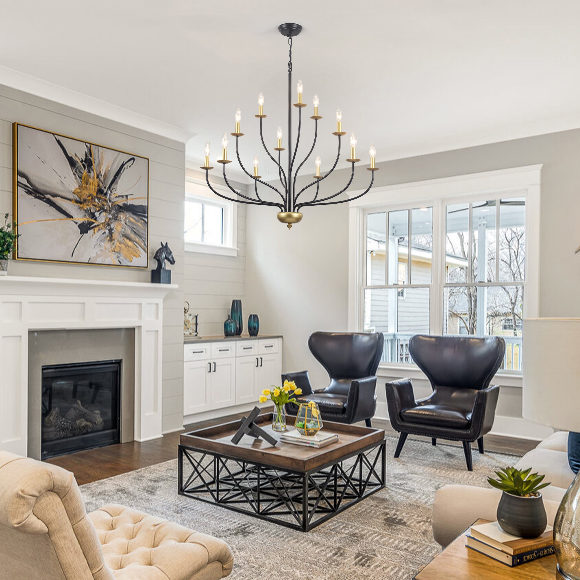 ZemSum 36-In W 12-Light Black and Gold Metal Chandelier in the