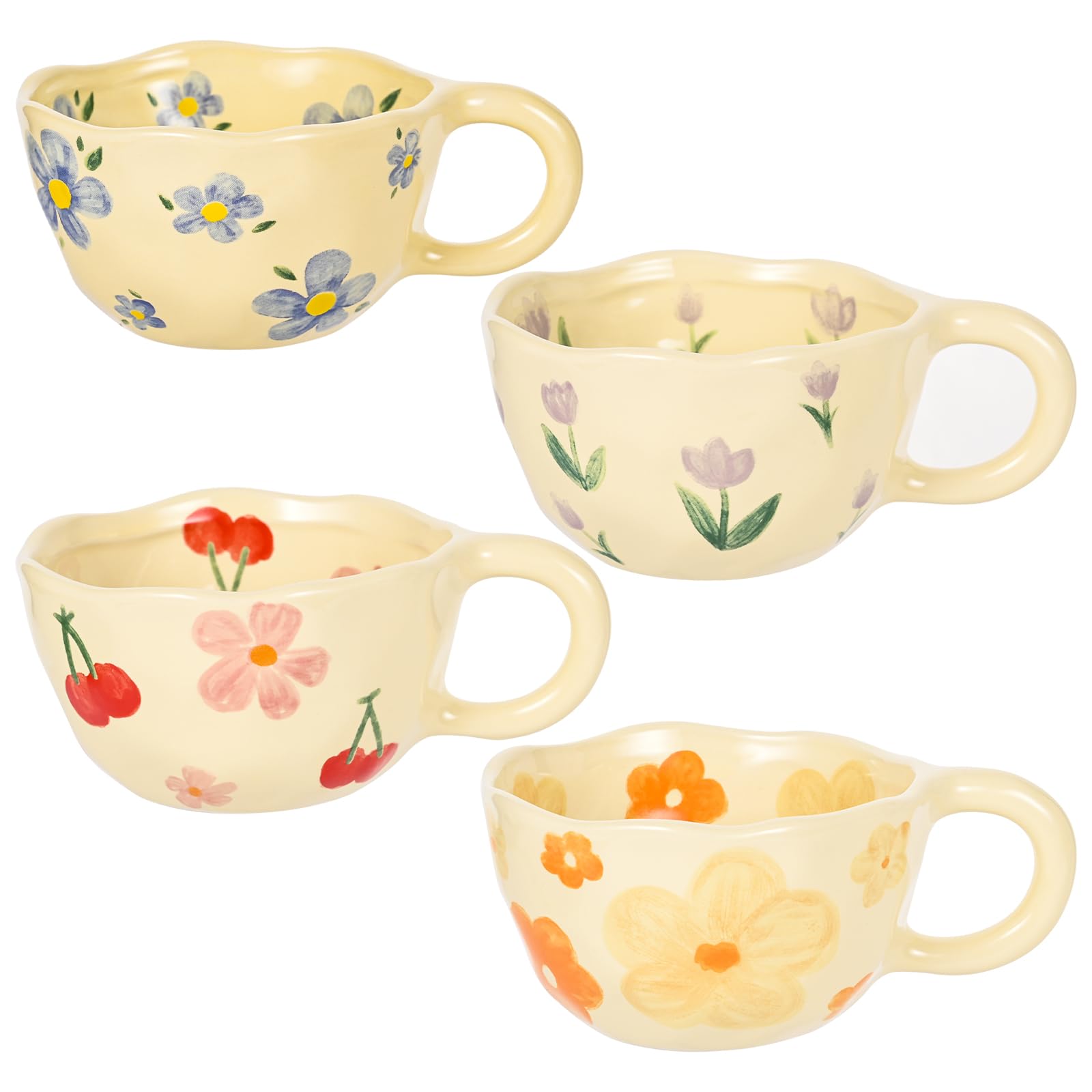 Aoibox  8 oz Vintage Floral Irregular Ceramic Coffee Mug Multicolor Hand Painted Porcelain Cup Set of 4