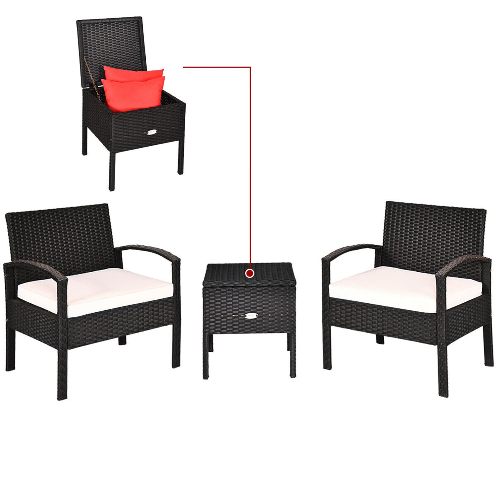 WELLFOR OUJ63757WH CW 3 Pcs Outdoor Conversation Set 3 -Piece Rattan Patio Conversation Set with White Cushions