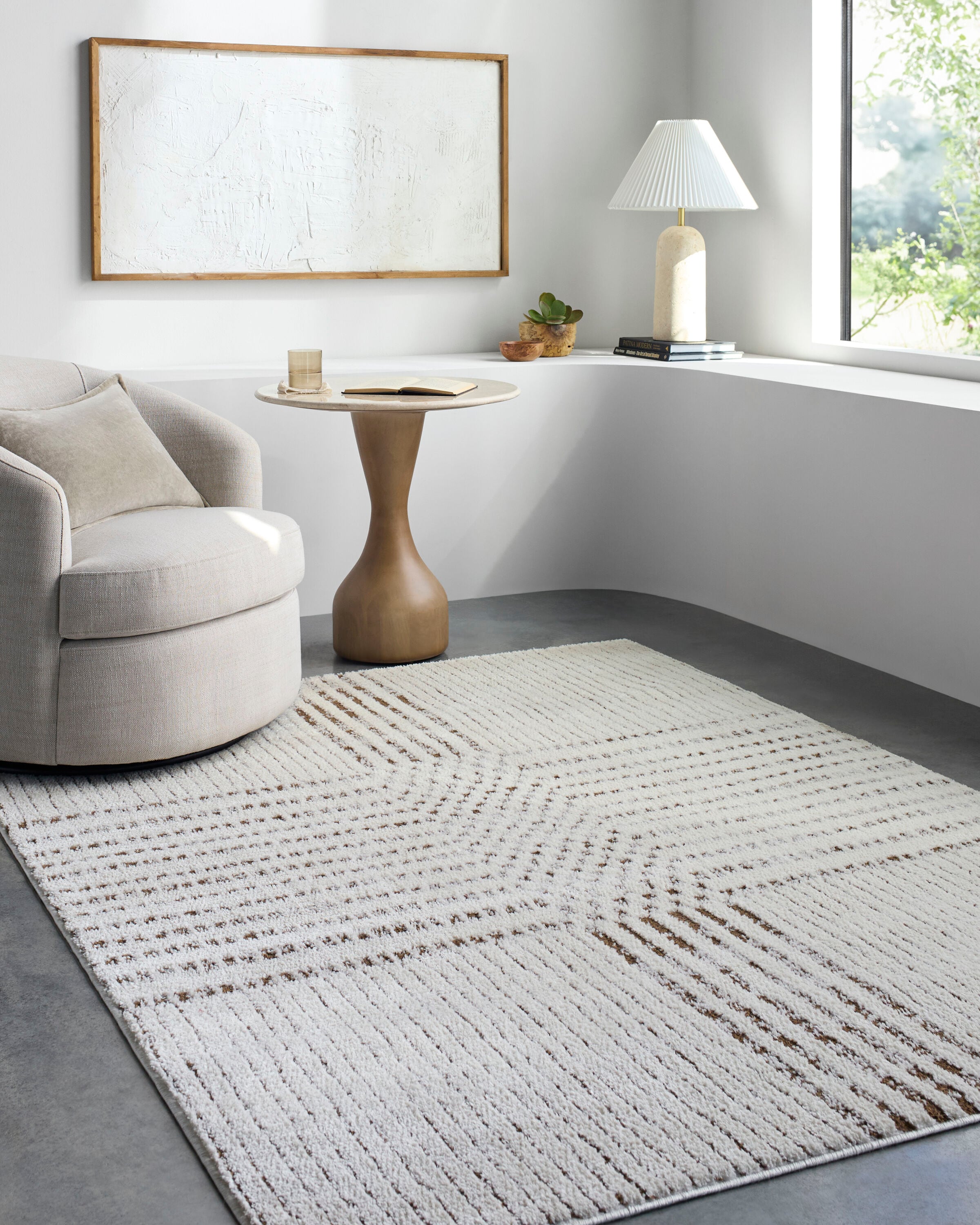 Ivory and Dark Brown Geometric Polyester Area Rug, 6'7" x 9'