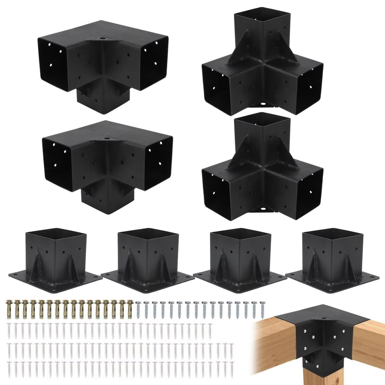 Qeetex JXNAG-PHO-11544OTH 8pcs Pergola Bracket Kit 4x4 Inch (Inner 3.6x3.6) 3-Way Right Angle Corner Bracket with Post Base Easy Installation for Woodworks DIY Gazebos Patio Pergolas Outdoor(4pcs 3-Way and 4pcs Base)