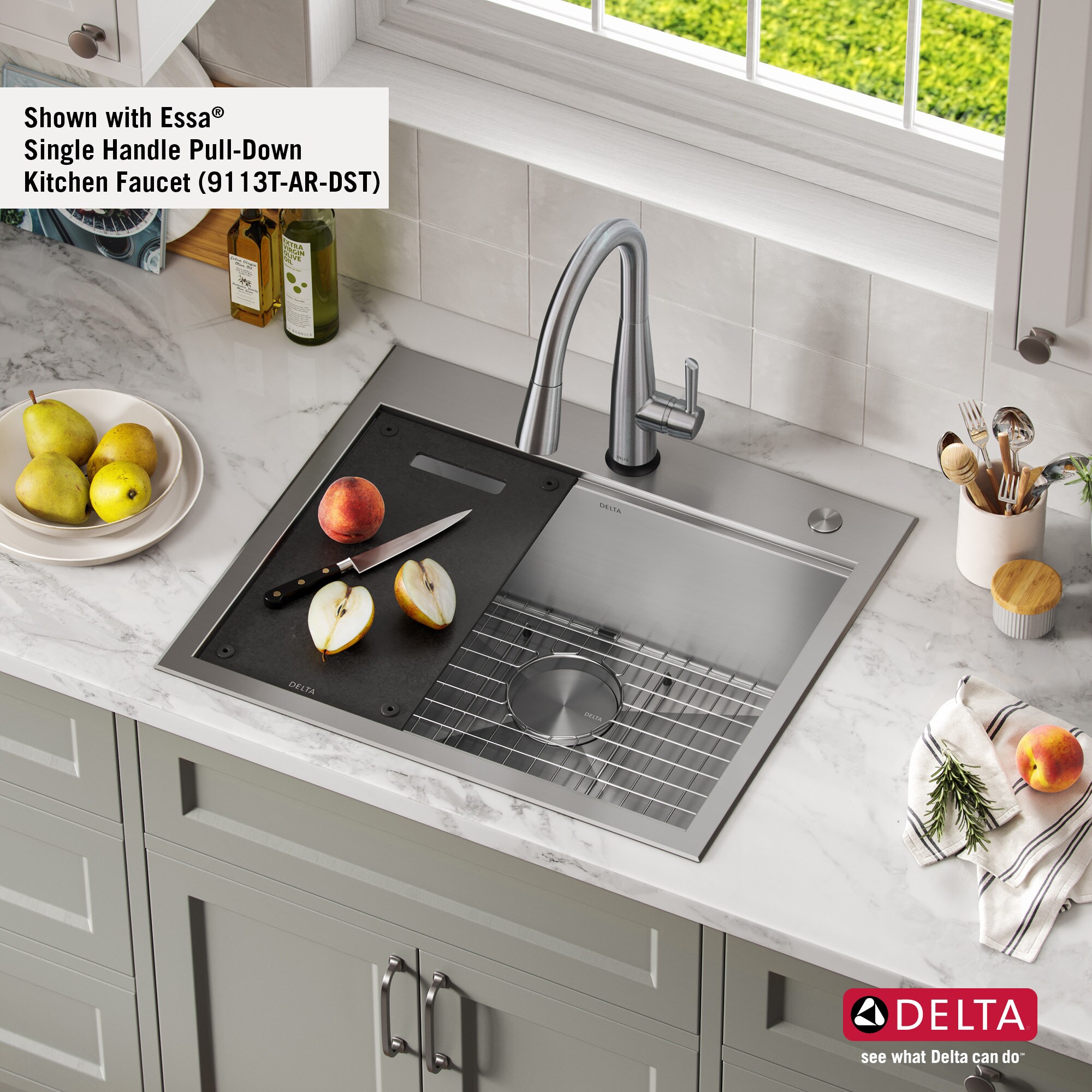 Drain Board built into a granite countertop leading to a bucket sink in a  modern kitchen