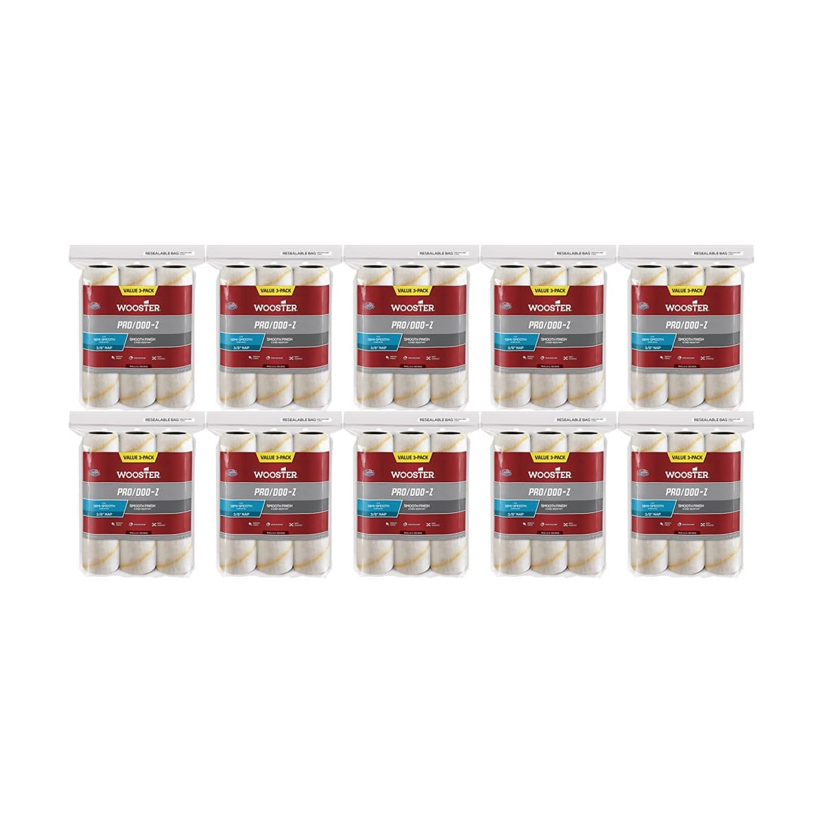 Wooster RR723-9-10PK Genuine 9in Pro/Doo-Z 3/8in Nap 10 Sets Of 3-Pack Roller Cover # RR723-9-10PK