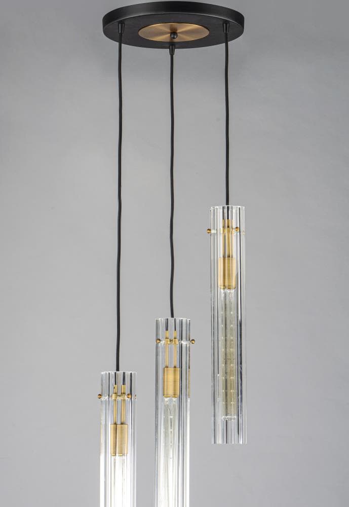 Elegant Flambeau 3-Light Chandelier in Black & Antique Brass with Crackle Glass