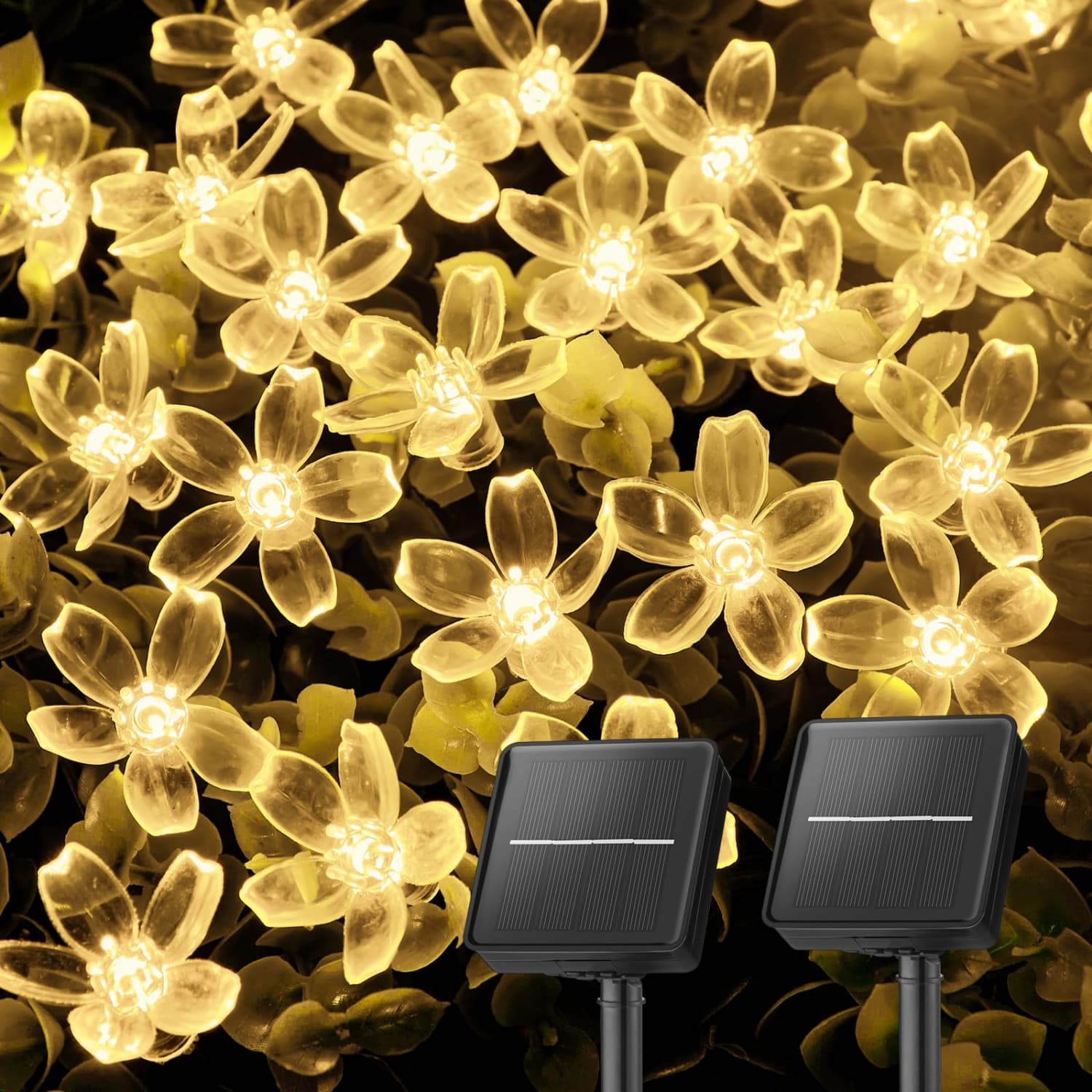 Angel Sar 2 Pack 52FT 120 LED Solar Flower String Lights with Waterproof Warm White for Garden Yard Fence Patio Christmas Wedding Party Decor