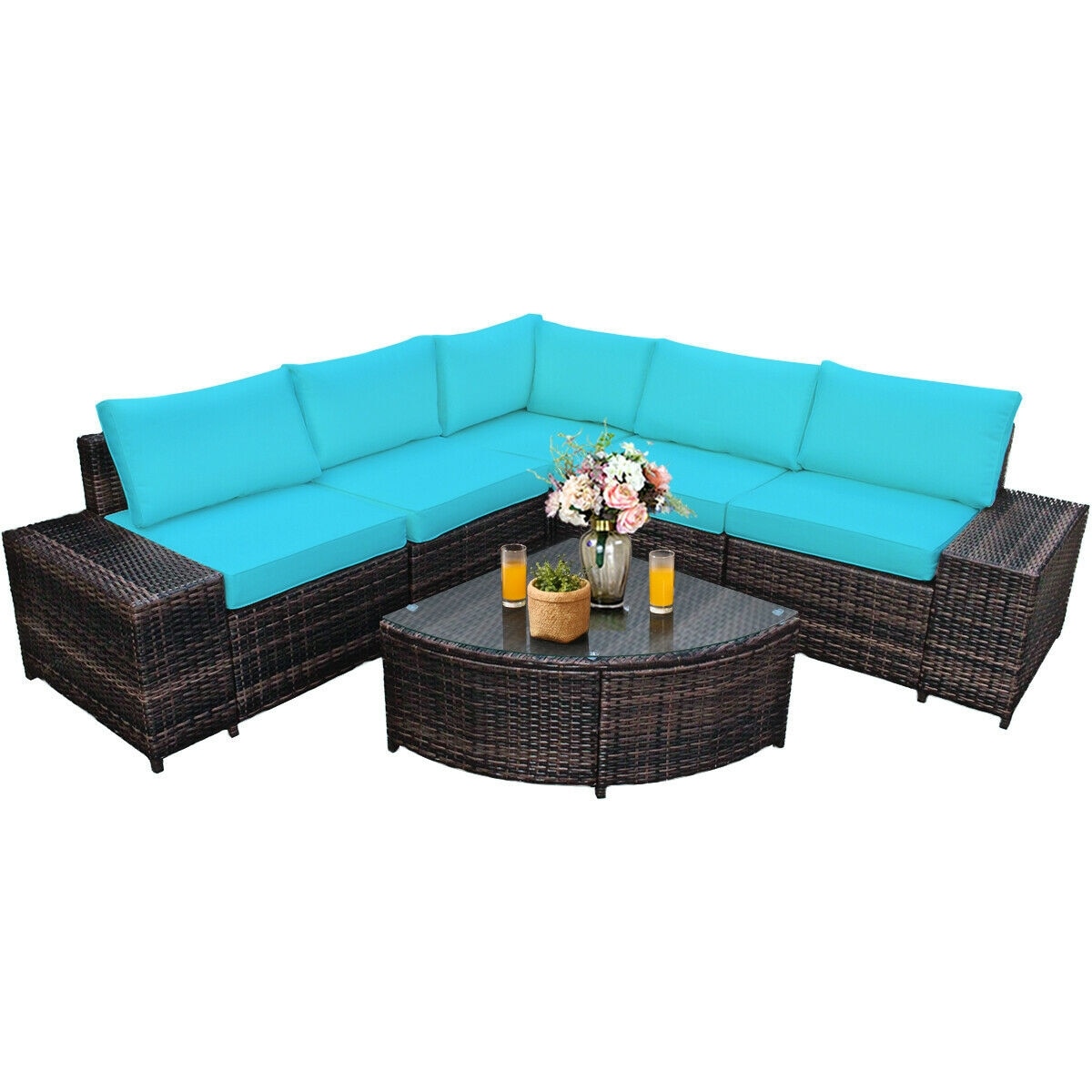 Forclover HBV-HW664TU 6 Piece Wicker Patio Sectional Sofa Set Rattan Outdoor Sectional with Blue Cushions and Rattan Frame