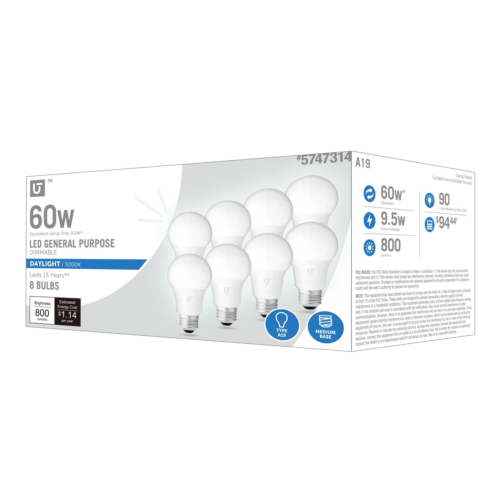Utilitech YGA03C67-9.5W-950-10 60-Watt EQ A19 Daylight E26 Dimmable LED General Purpose Light Bulb (8-Pack)