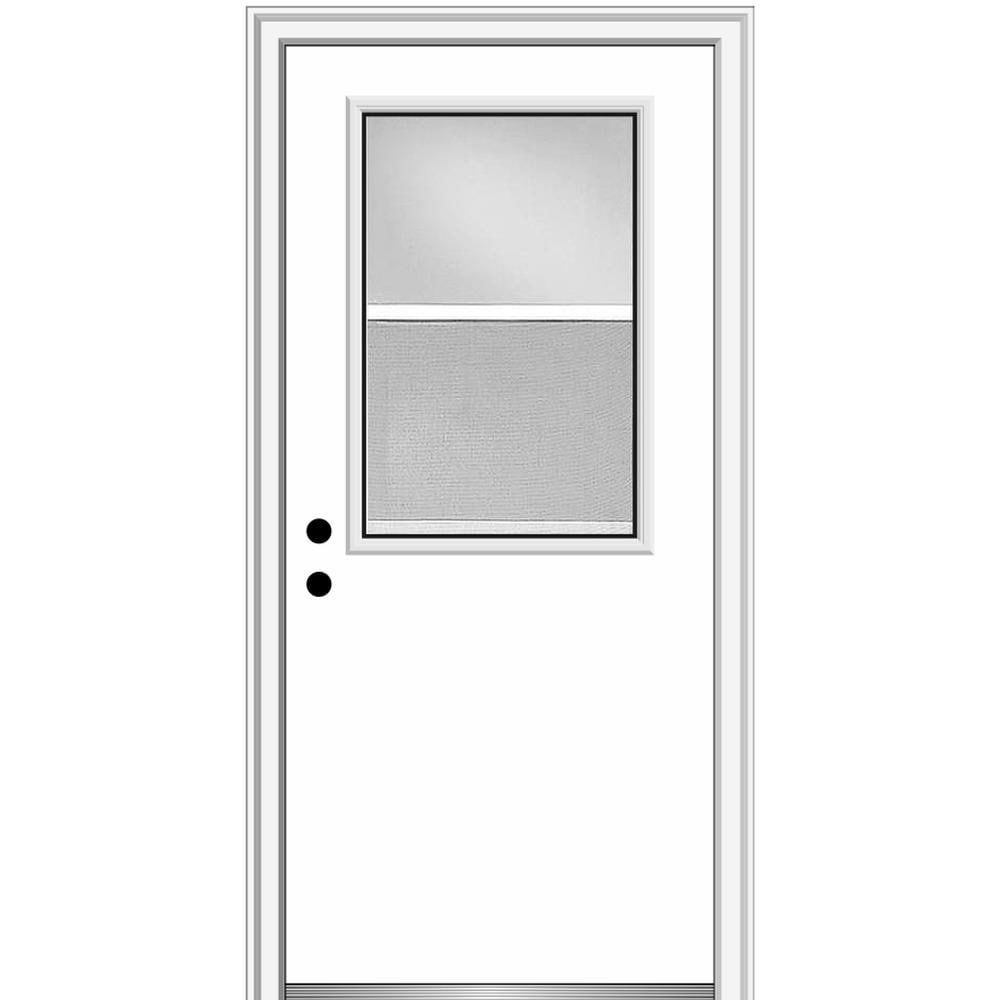 MMI DOOR ZZ365401R 32-in x 80-in x 6-9/16-in Fiberglass Half lite Right-hand inswing Primed Prehung Front Door with Brickmould Insulating core