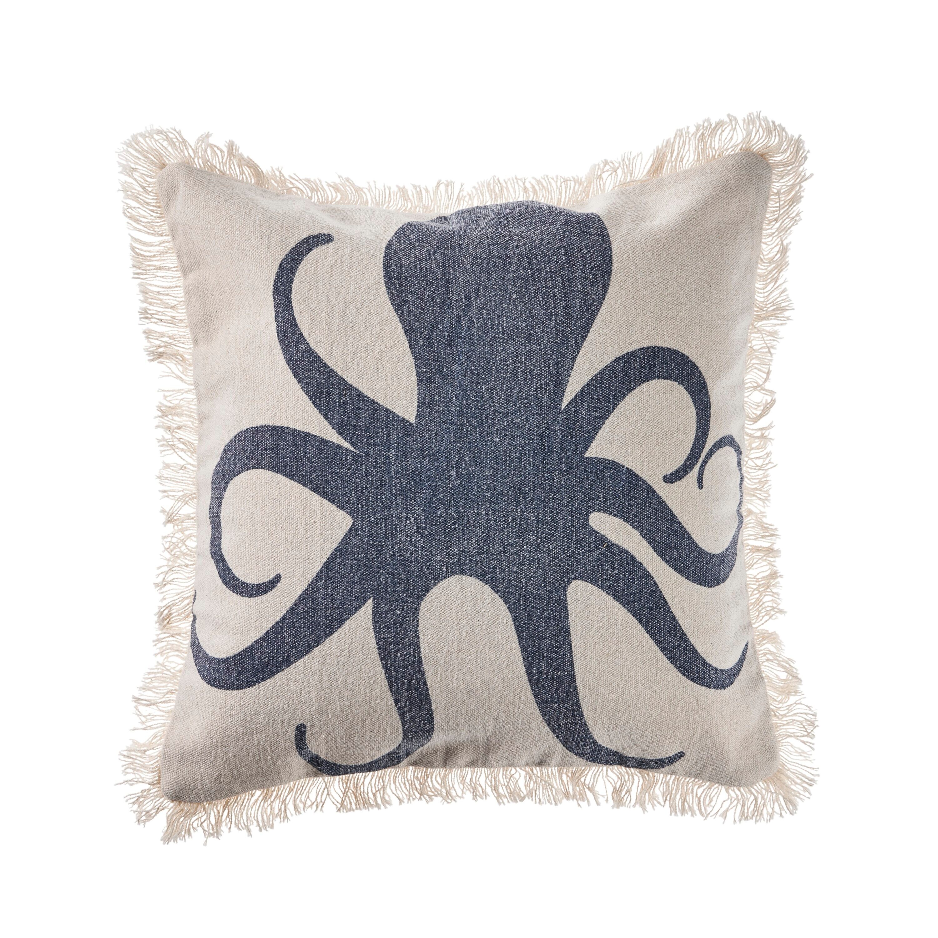 Coastal Blue Octopus Fringed Square Cotton Pillow