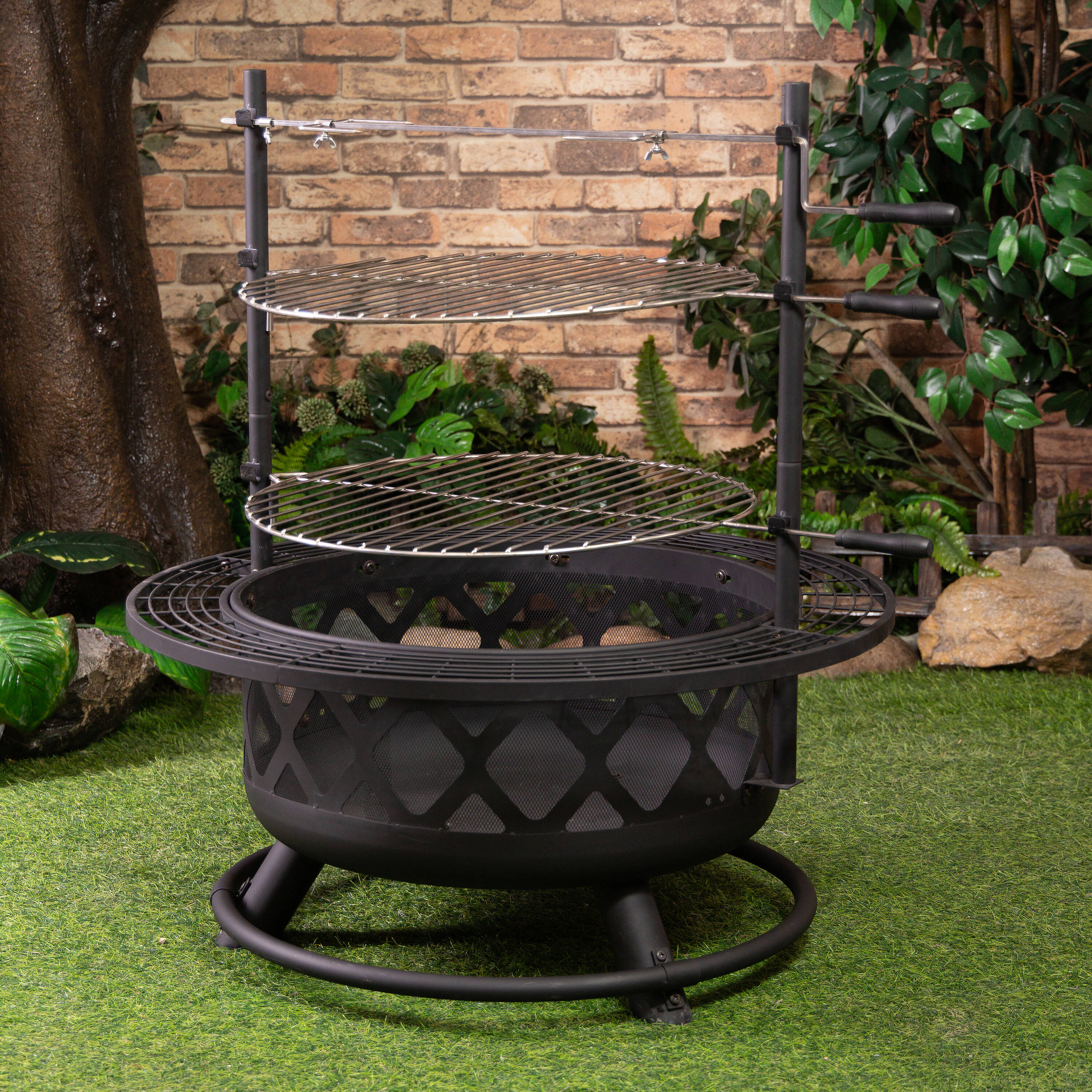 Black Steel Woodburning Fire Pit Table with Grill and Rotisserie
