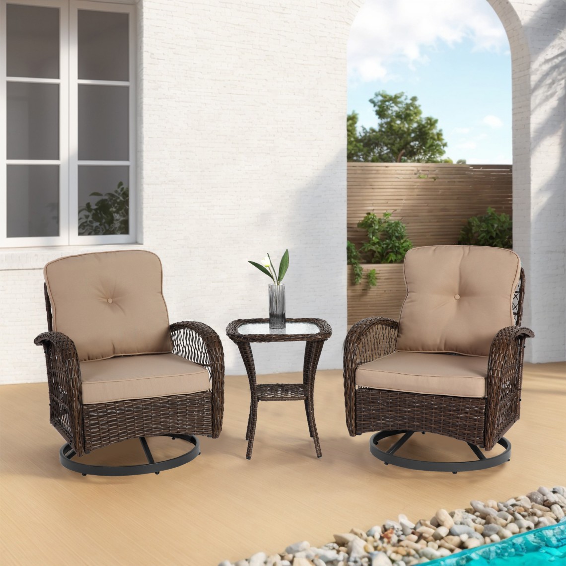 AAZJ JHI-W640P263673 Patio Conversation Sets 3 -Piece Patio Conversation Set with Tan Cushions