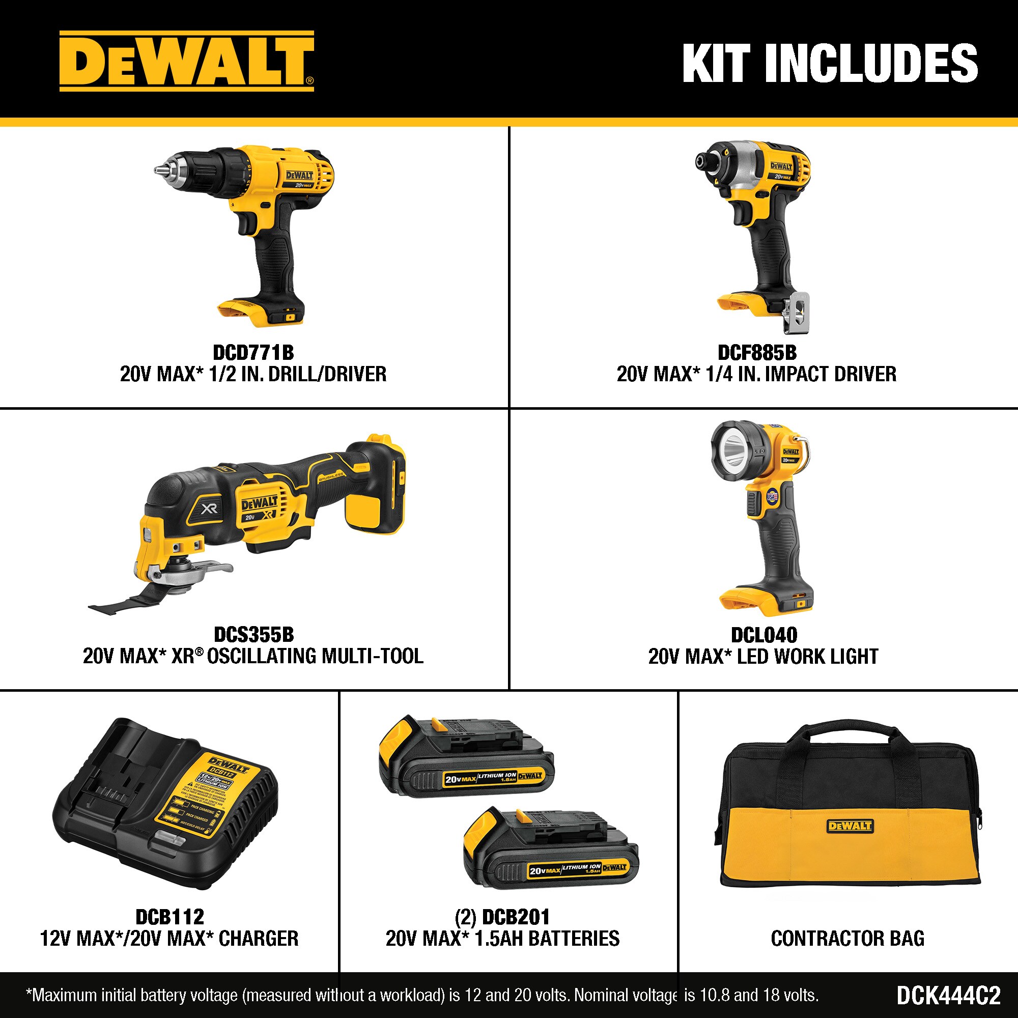 DEWALT 4 Tool 20 Volt Max Power Tool Combo Kit with Soft Case 2 Batteries and charger Included in the Power Tool Combo Kits department at Lowes