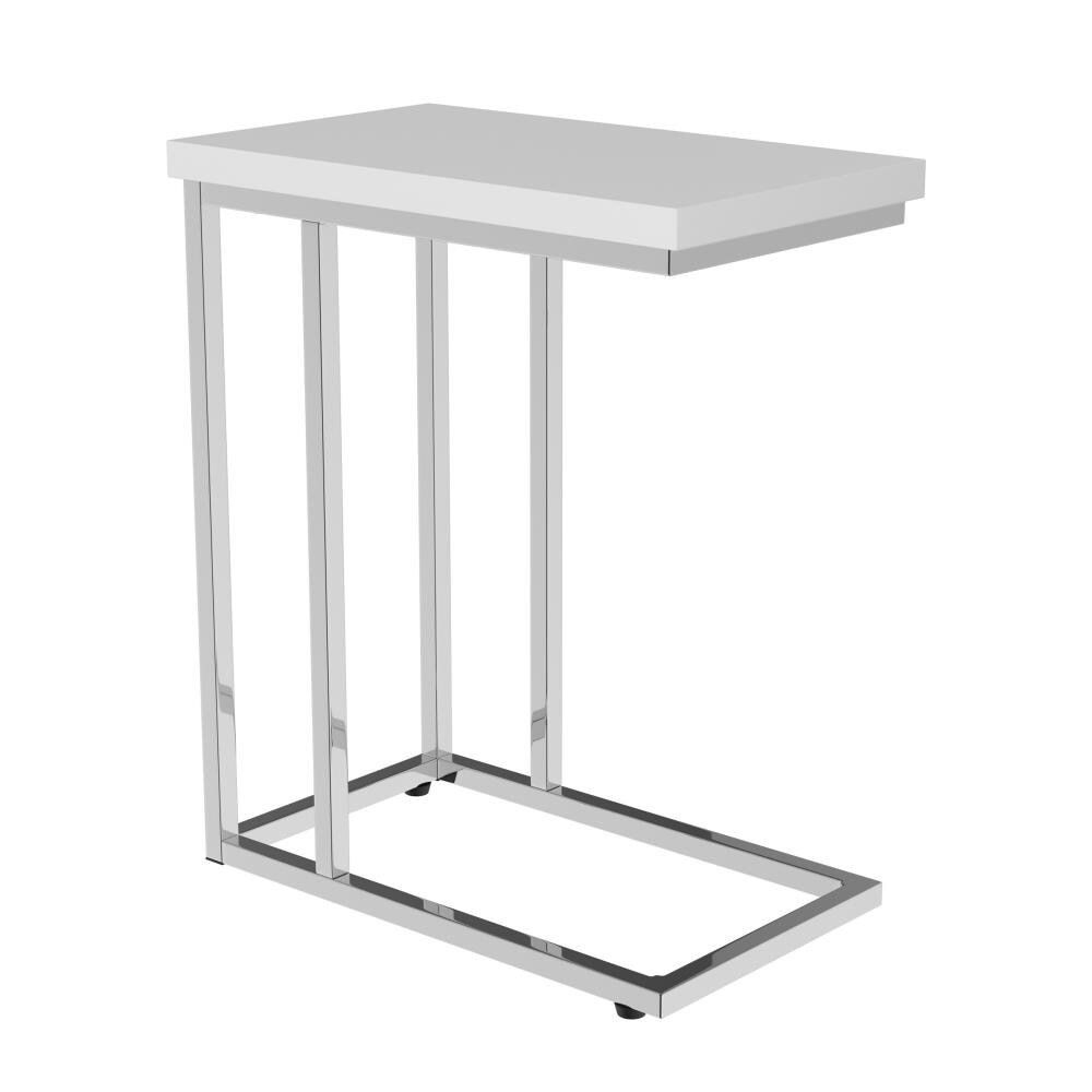 White Glossy Wood and Chrome C-Shaped Sofa Side Table