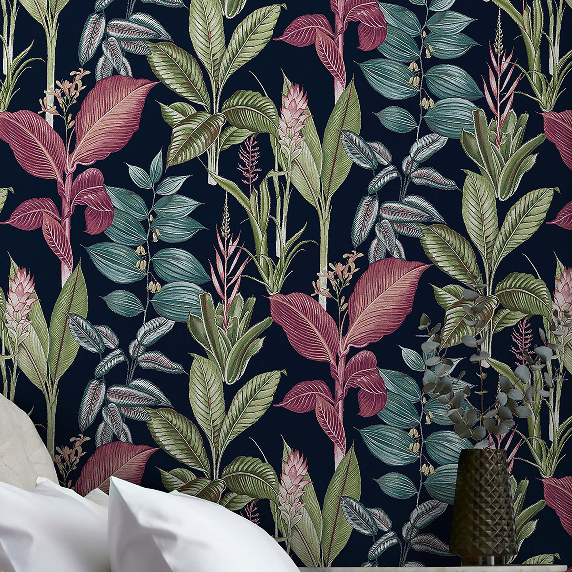 Fantasy Rainforest Leaves Navy Matte Botanical Wallpaper Roll
