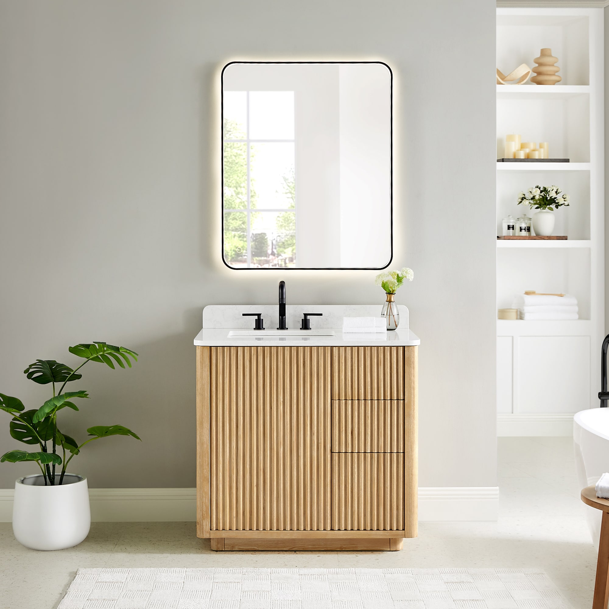 Altair 580036-WL-GW Clayton 36-in Washed Light Brown Undermount Single Sink Bathroom Vanity with Grain White Engineered Stone Top (Mirror Included)