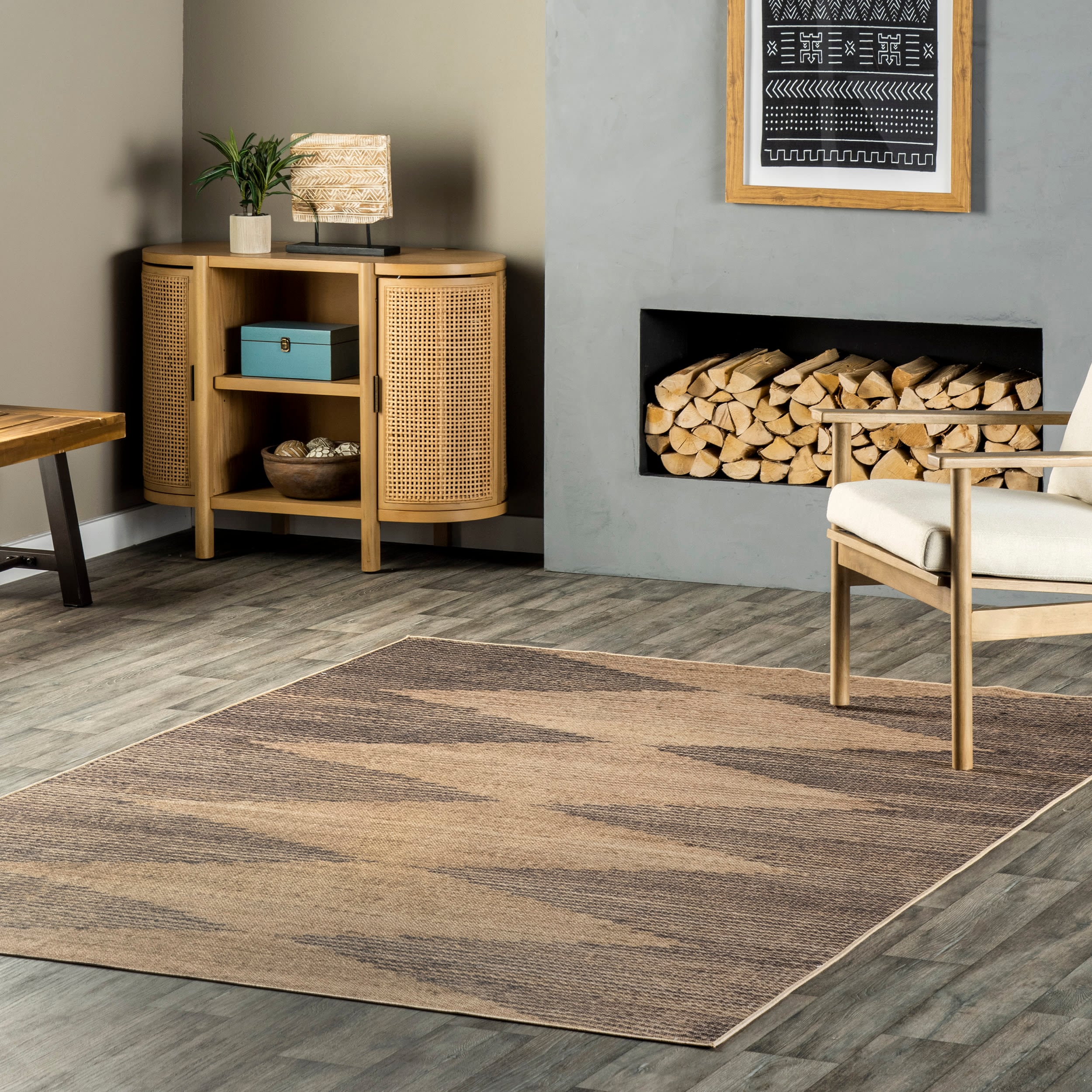 Natural and Gray Geometric Synthetic 3' x 5' Washable Area Rug