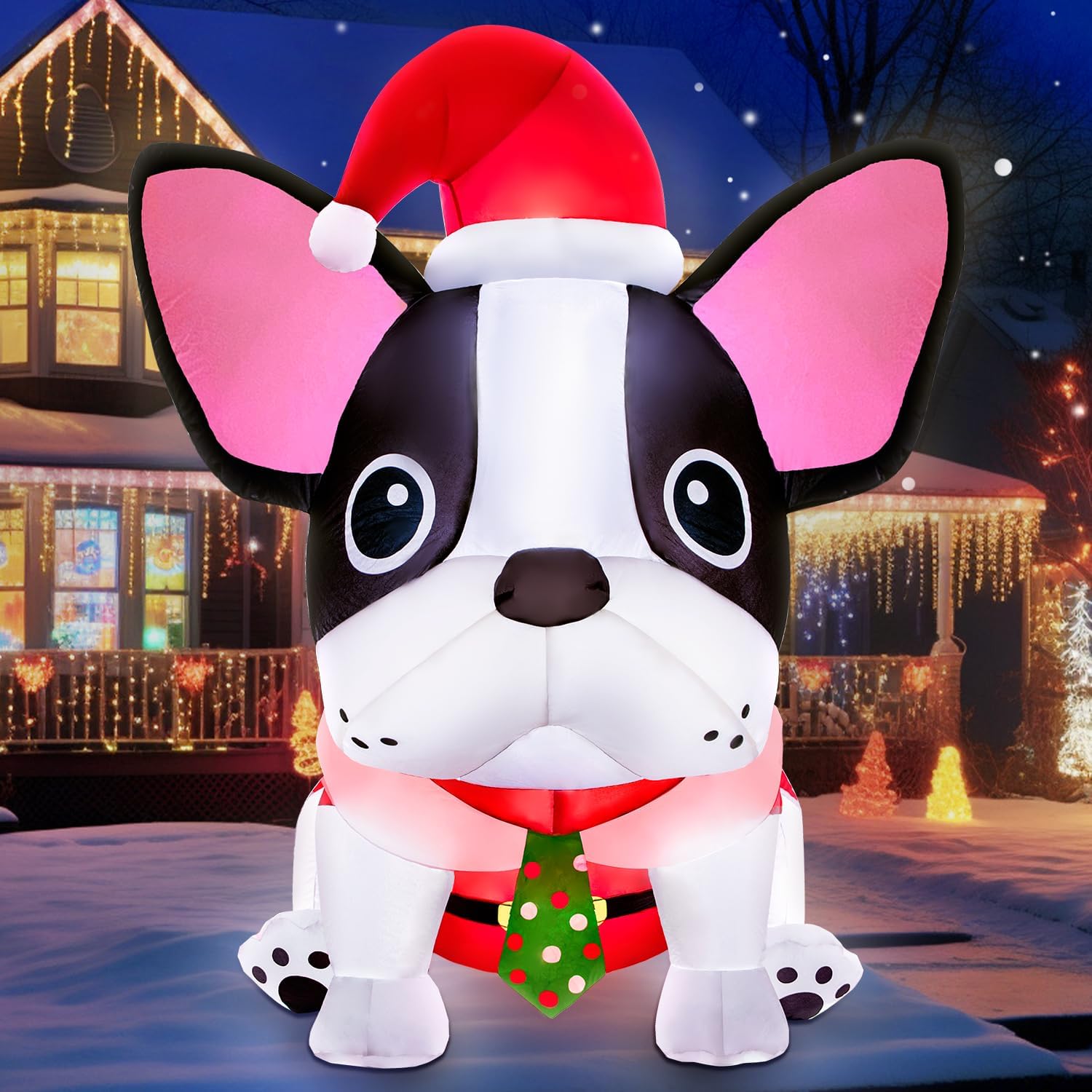 zukakii  5-FT Christmas Inflatable Puppy Dog Wearing Hat and Polka Dot Tie with Built in Full Body Bright LED Lights 210T Heavy Duty Weather Resistant Blow Up Yard Decoration Set with Strong Blower Anchoring Stakes Ropes Sandbag