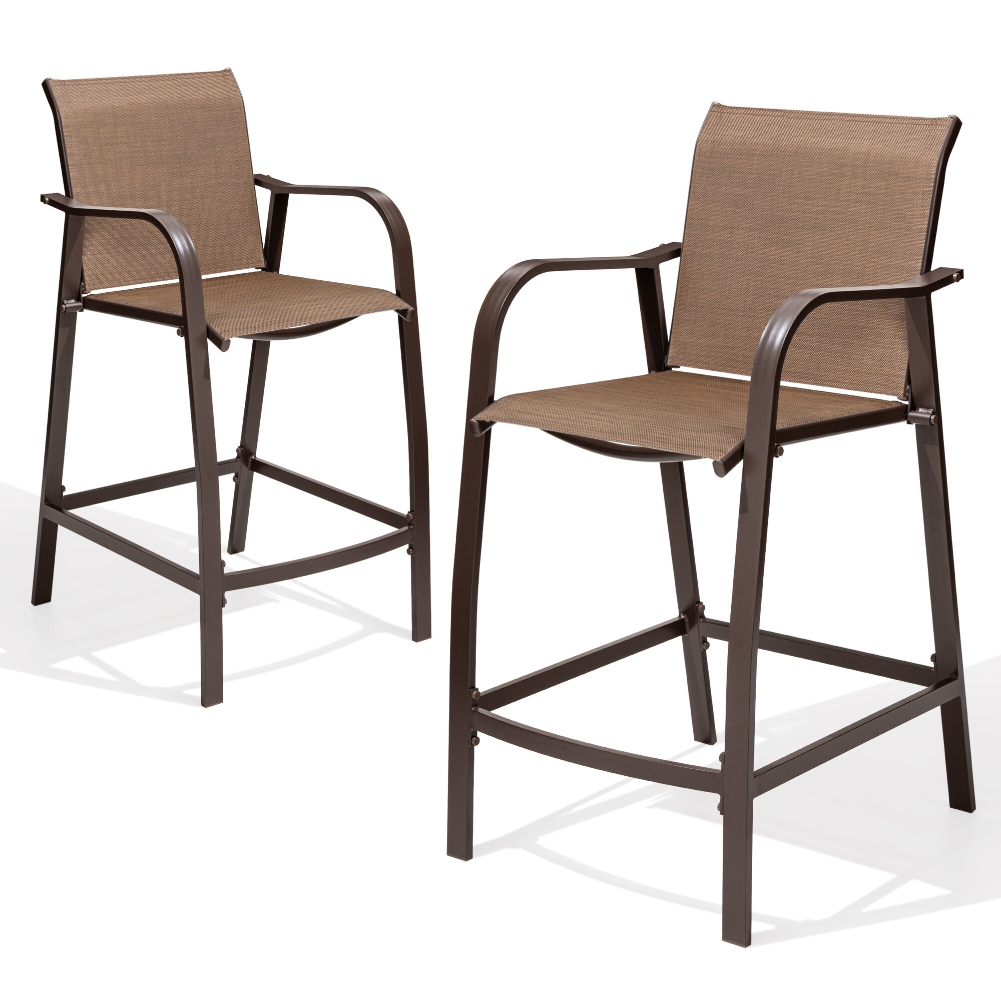 Crestlive Products CL-ST001BRN-2SET 4 Pieces Patio Bar Stools Set Set of 4 Brwon Aluminum Frame Stationary Bar Stool Chair with Brown Texteline Sling Seat