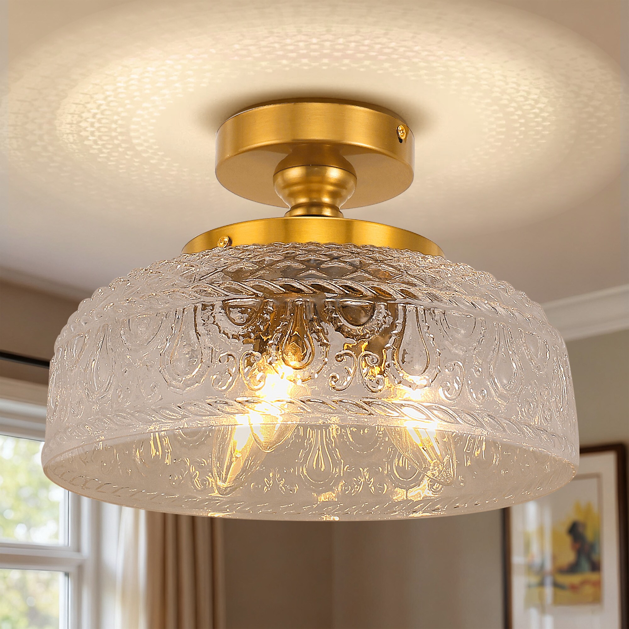 DORESshop 11.8 in 3 Light Gold Bowl Glass Semi Flush Mount Ceiling Light for Bedroom Kitchen Hallway Porch