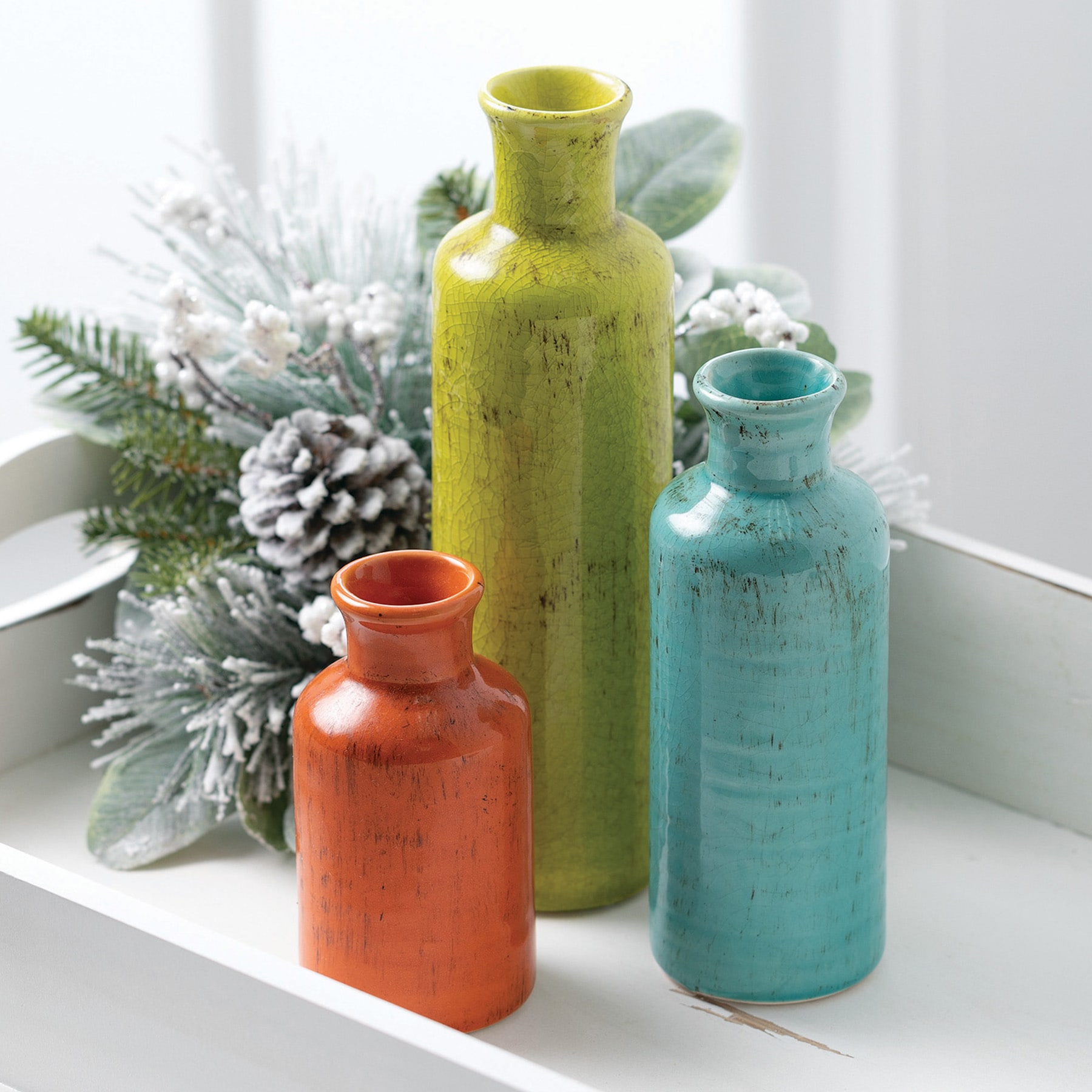 Sullivans Set of 3 Small Ceramic Bottle Vases 5-in H, 7.5-in H and 10-in H  Orange, Yellow and Teal in the Decorative Accessories department at