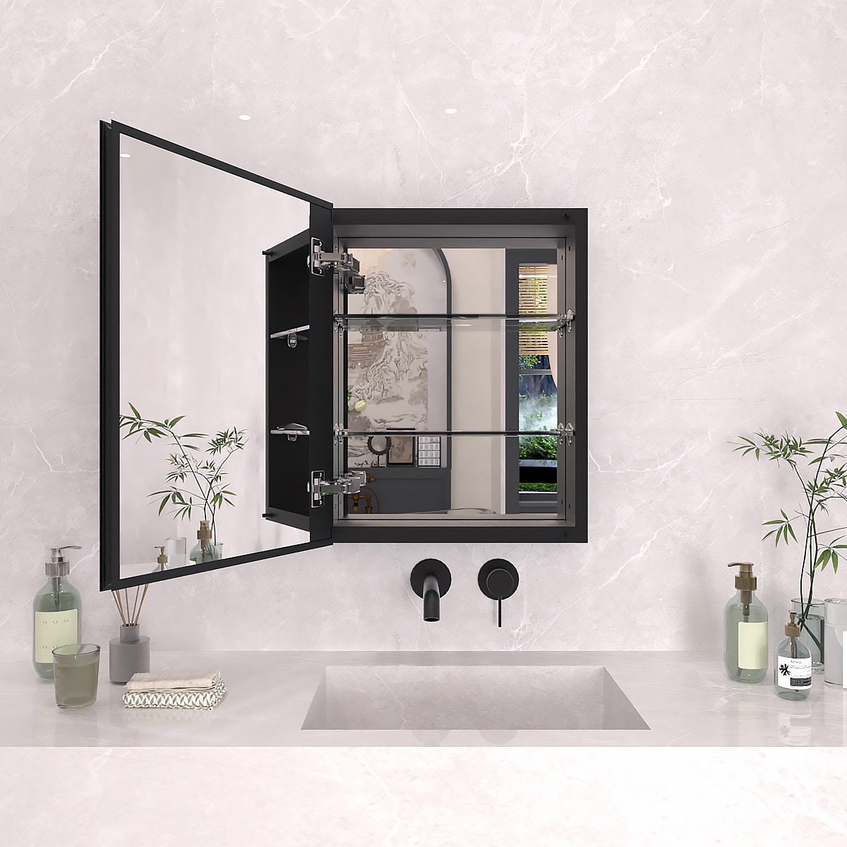 TaiMei MCA 16-in x 20-in Surface/Recessed Mount Matte Black Mirrored Rectangle Soft Close Medicine Cabinet