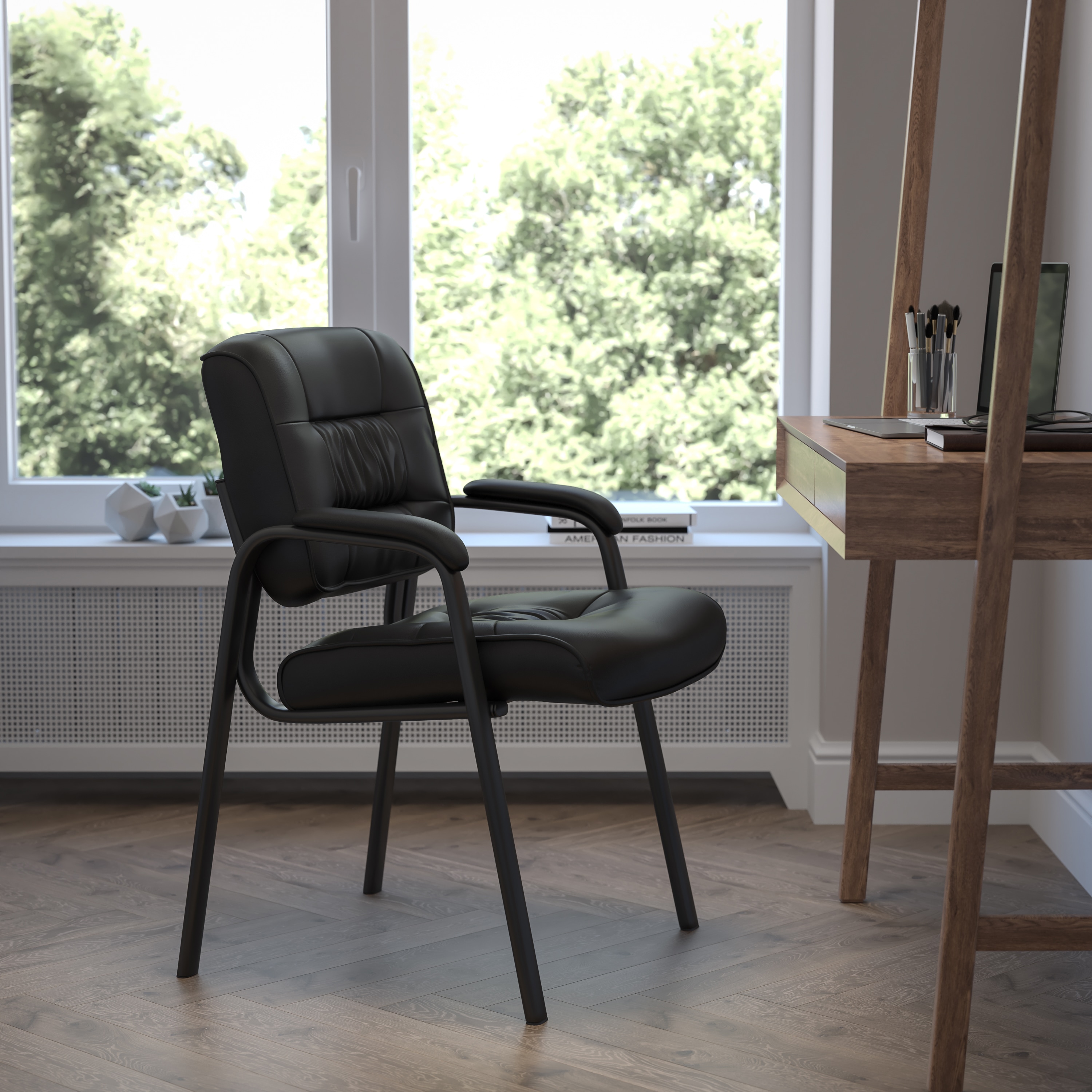 Black Leather Executive Side Chair with Titanium Frame