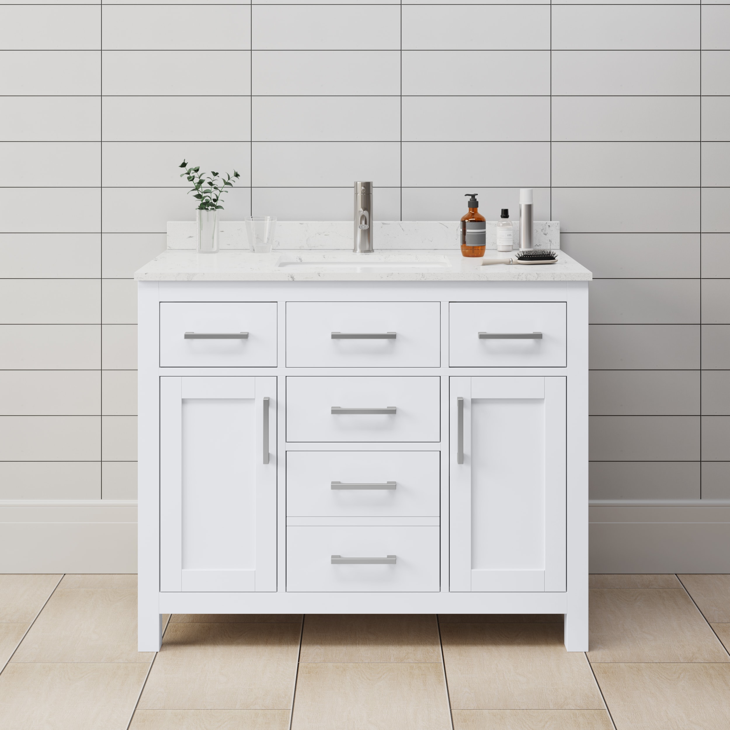 Wyndham Collection WCG242442SWHCCUNSMXX Beckett 42-in White with Brushed Nickel Trim Undermount Single sink Bathroom Vanity with Carrara Cultured Marble Cultured marble Top